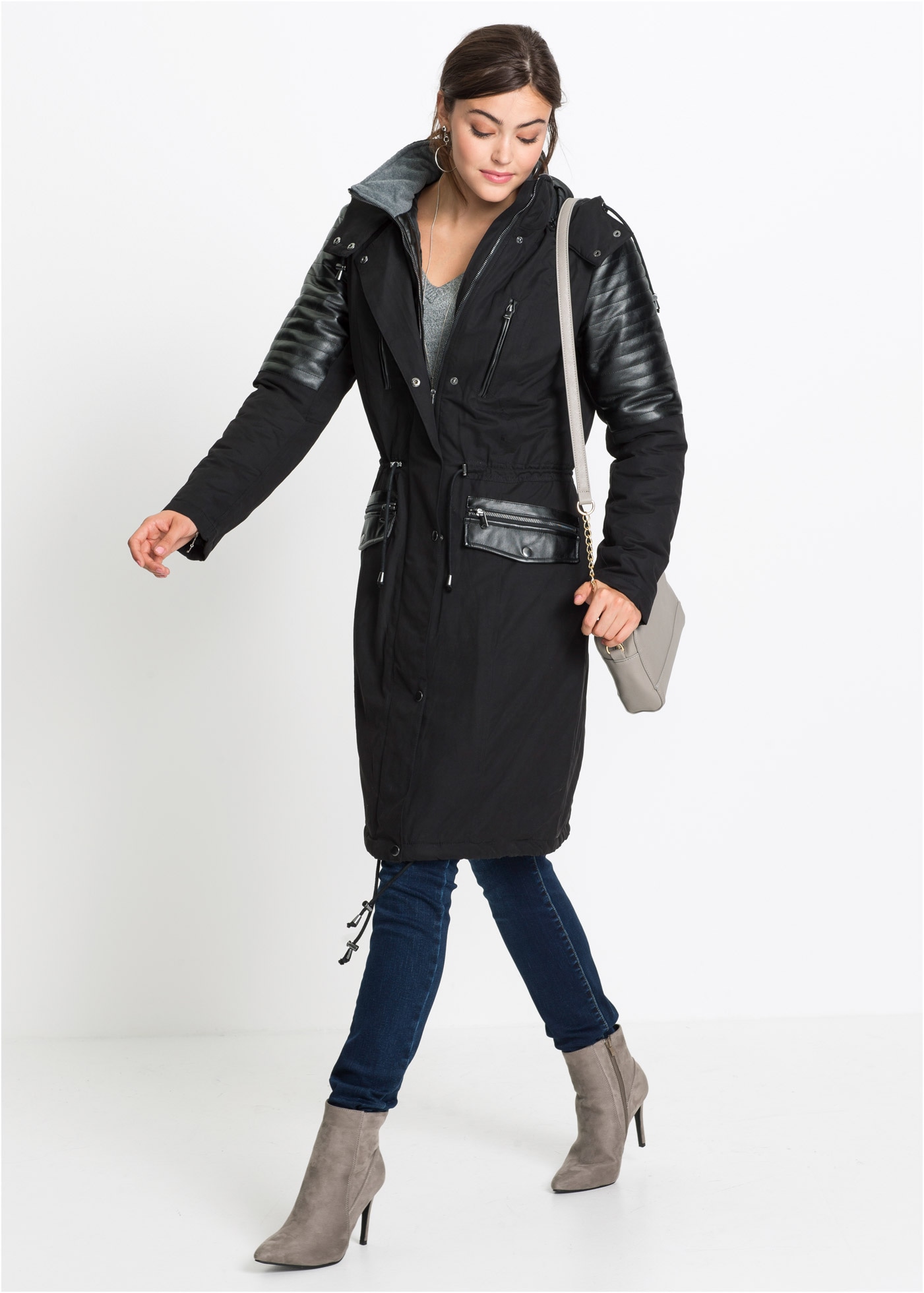 bonprix Langjacke mit Kapuze Winterjacke mit Kapuze als Long-Parka mit Lederimitateinsatz