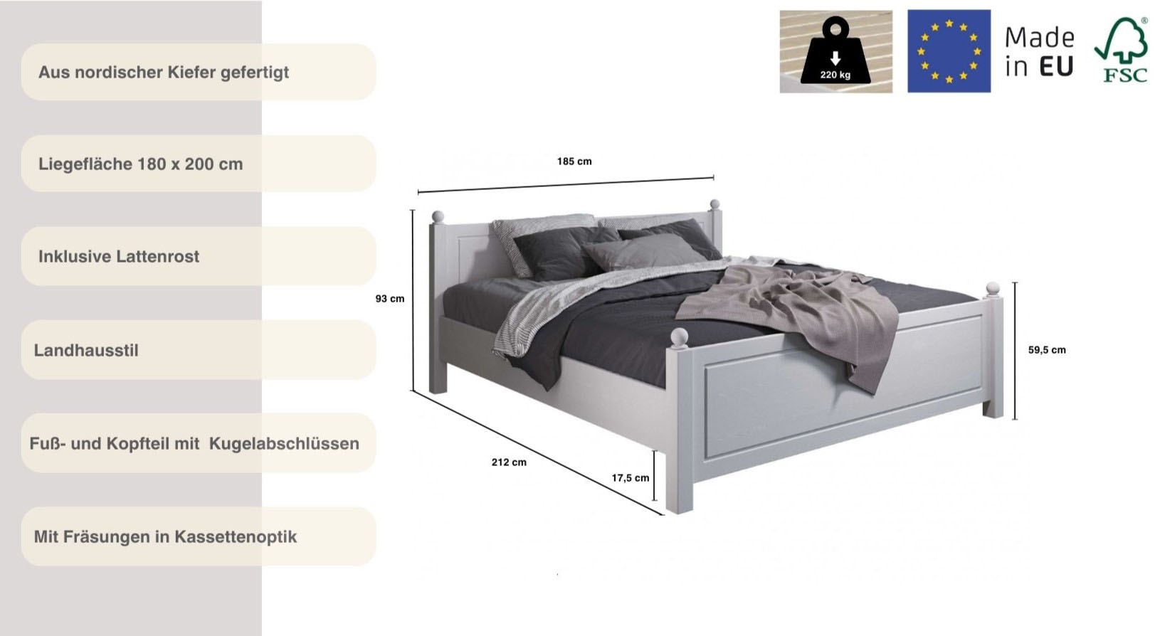 Home affaire Massivholzbett »Mila, hohe Belastbarkeit Jugendbett,! FSC® zertifiziertes Massivholz«, (Breite/Belastbarkeit 180cm/220 KG, 140cm/180 KG, 90cm/=120 KG), aus massiver Kiefer, inklusive Lattenrost