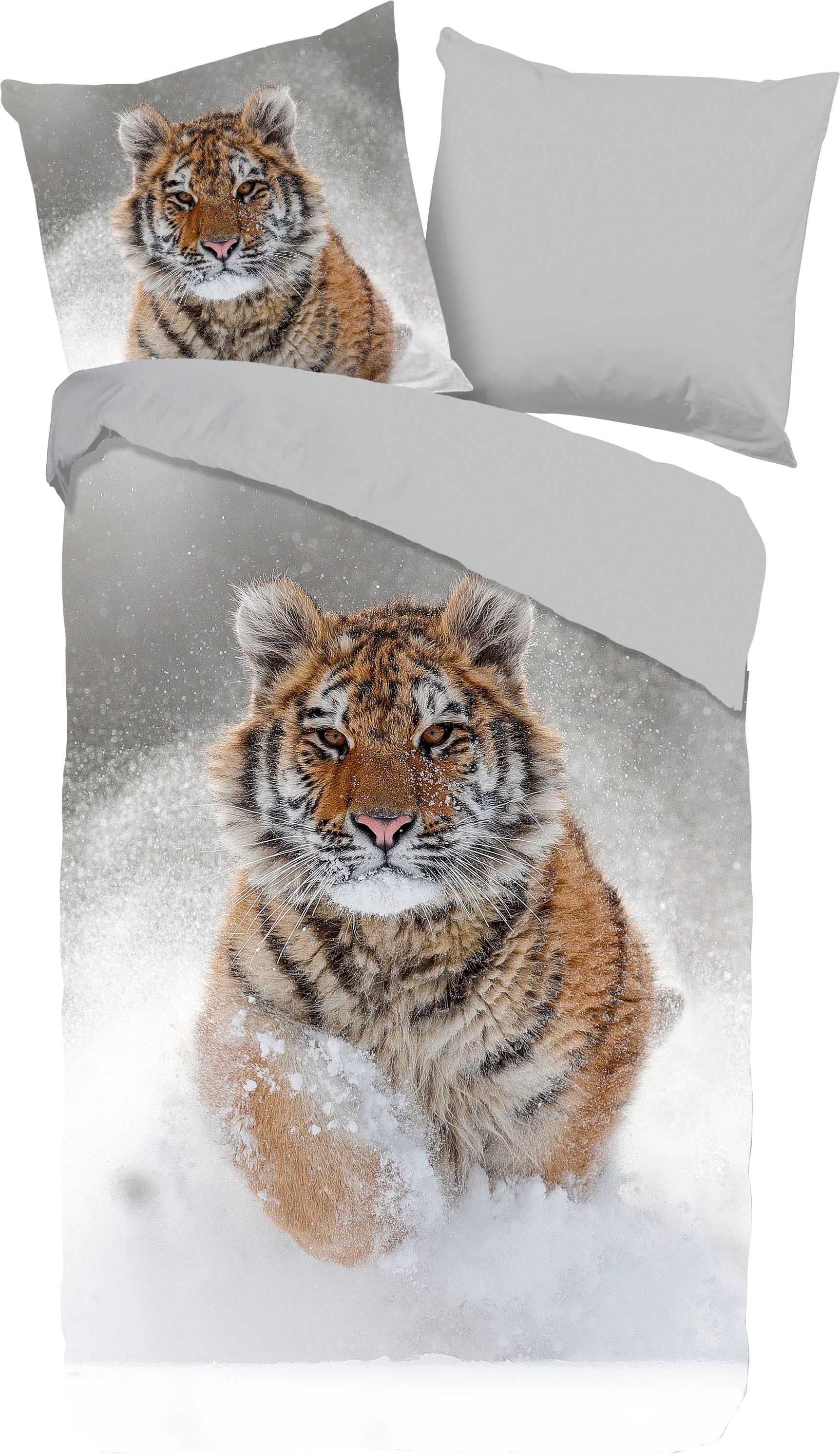 good morning Wendebettwäsche "Snow Tiger", Biber, 135x200, Winter, Warm, Weich, Reißverschluss, Wendeoptik, Tiger