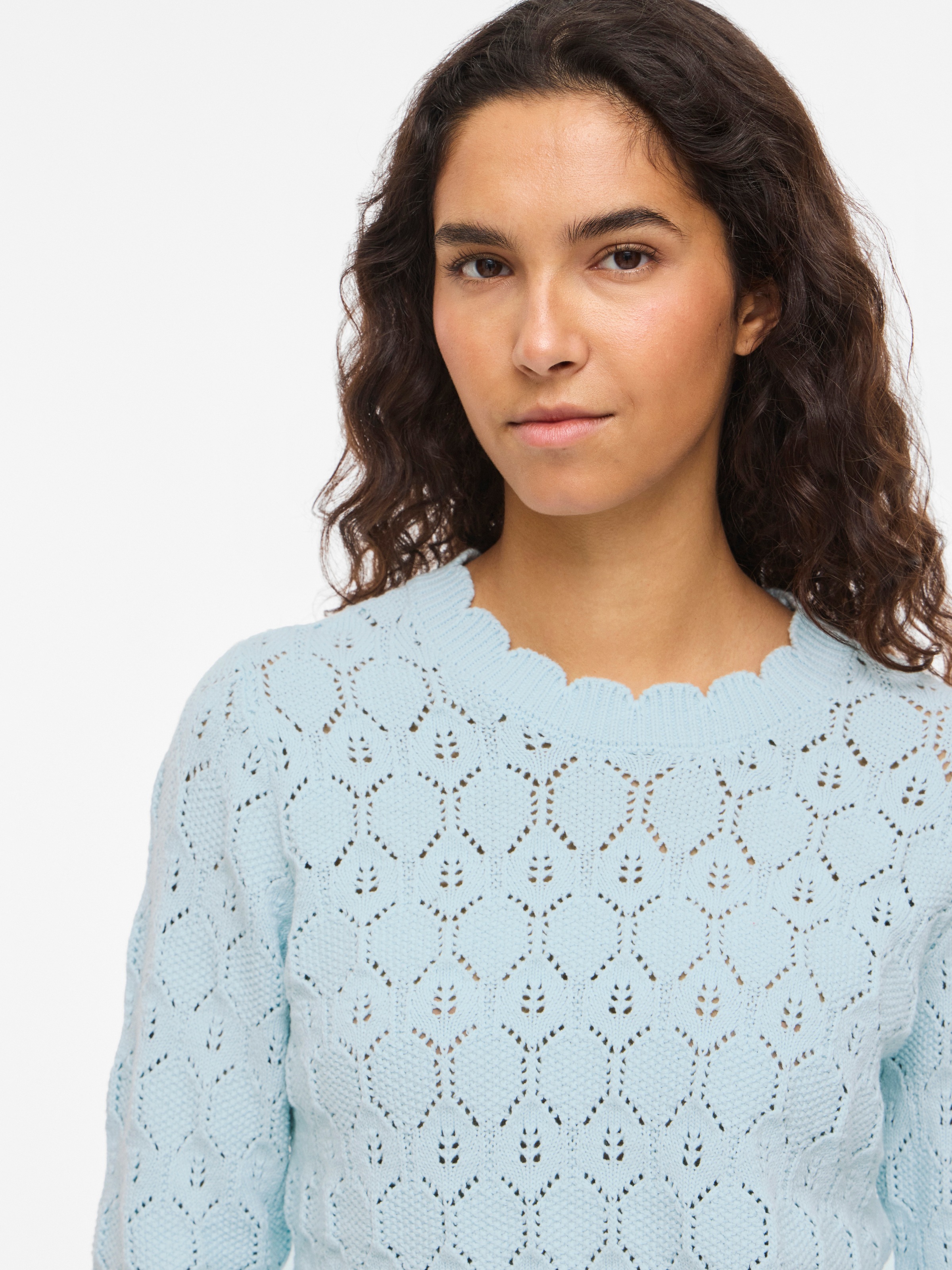 Rundhalspullover VILA "VILOWEN L/S POINTELLE KNIT TOP/PB", Damen, Gr. XS, nantucket breeze, Strick, Obermaterial: 90% Baumwolle, 10% Nylon, unifarben, normal, Rundhals, Pullover Rundhalspullover 4
