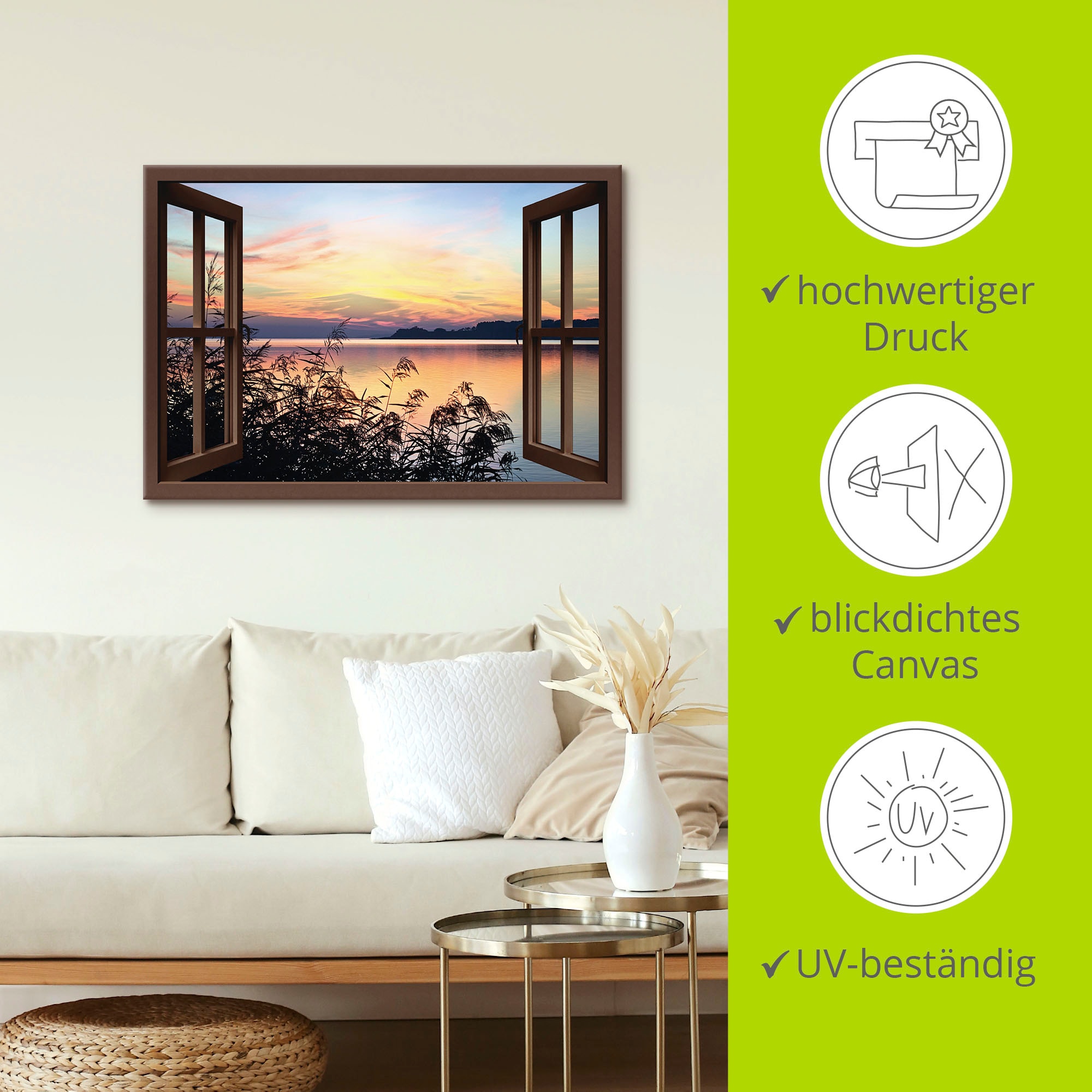 Artland Wandbild »Fensterblick - Abendrot im Schilf«, Fensterblick, (1 St.), als Leinwandbild, Poster in verschied. Größen