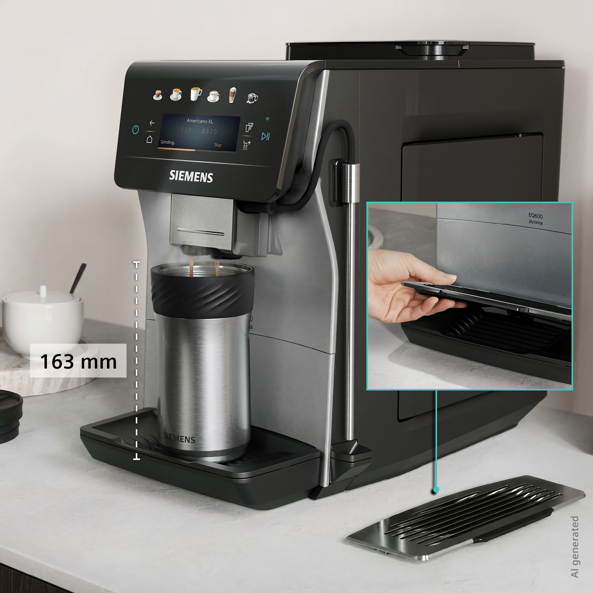 SIEMENS Kaffeevollautomat »EQ600 TP603E07, 6 Getränke, XL-Getränke, bis zu 480ml, Keramikmahlwerk« Doppeltassenfunktion, Kannenfunktion, entnehmbare Brüheinheit, Silber