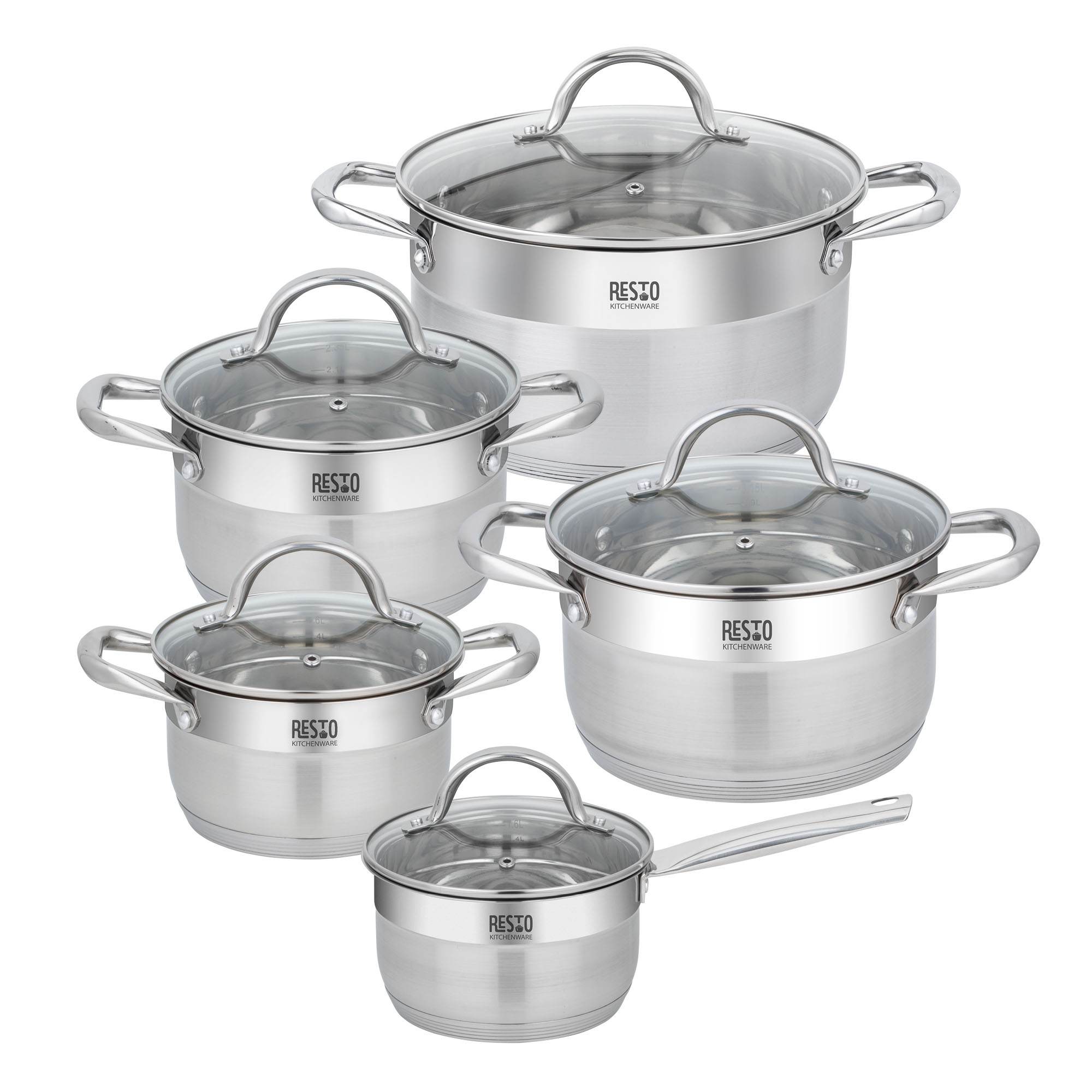 RESTO Kitchenware Topf-Set "RIGEL, spülmaschinengeeignet" Set, 1x Soßentopf Ø 16 cm m. Deckel, 4x Kochtopf Ø 16/18/20/24 cm m. Deckel, 10 tlg. Edelstahl 18/10