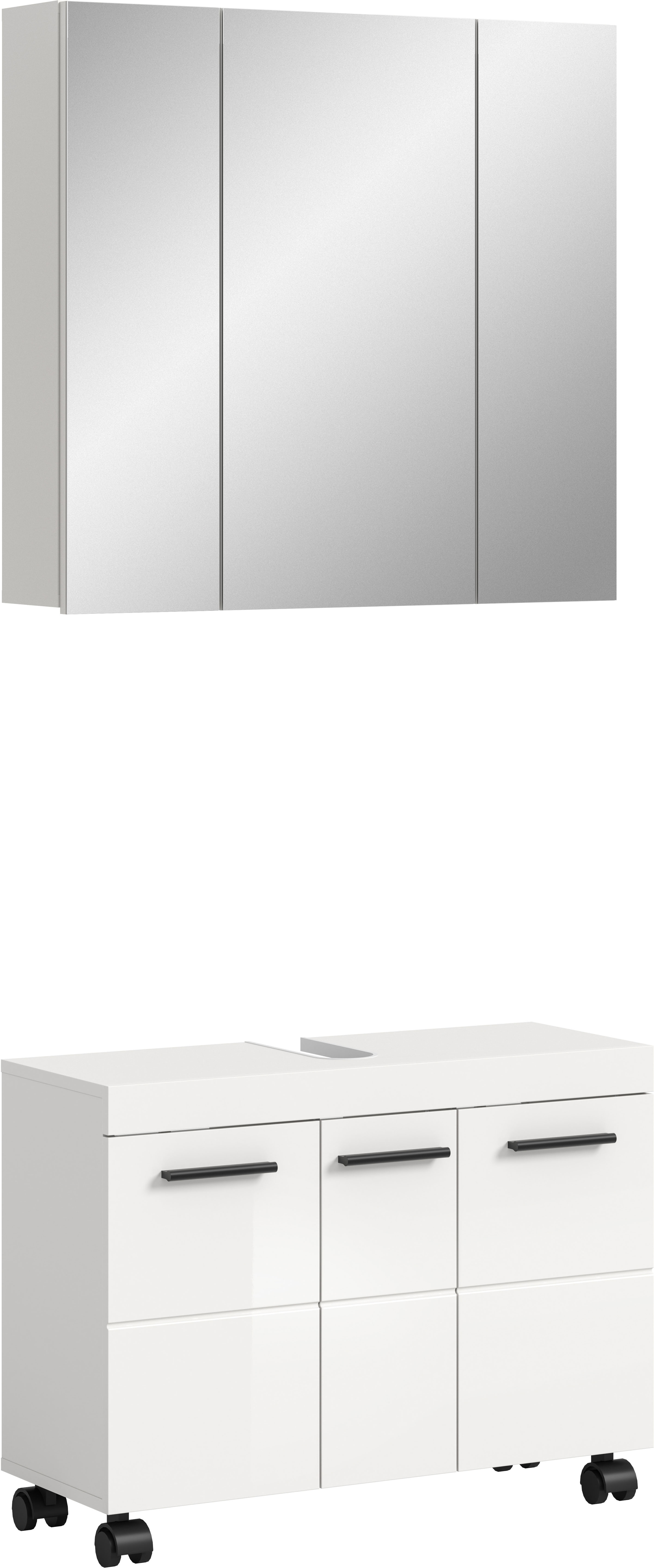 welltime Badmöbel-Set "AVON, Breite 82 cm, 2-teilige moderne Badkombination, auf Rollen" bestehend aus: Waschbeckenunterschrank & Spiegelschrank, 2 Stk. tlg.