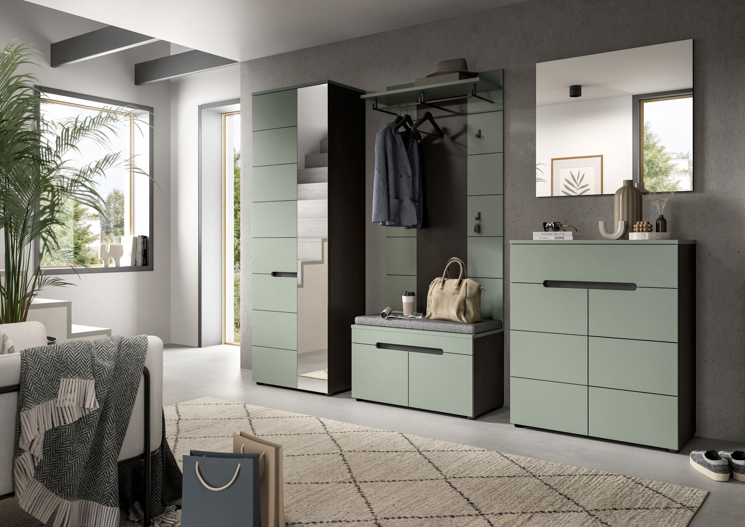 INOSIGN Garderoben-Set, (Set, 6 St., bestehend aus: Schrank, Sitzbank, Sitzkissen, Paneel, Spiegel, Kommode), Garderobenkombination, Kombination, Set, Flurgarderobe, Diele
