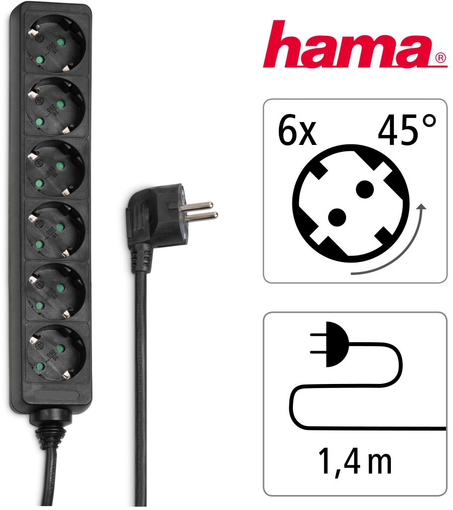 Hama Steckdosenleiste »Mehrfachsteckdose, 6-fach, 1,4 m, Schwarz«, 6-fach, (Kabellänge 1,4 m)