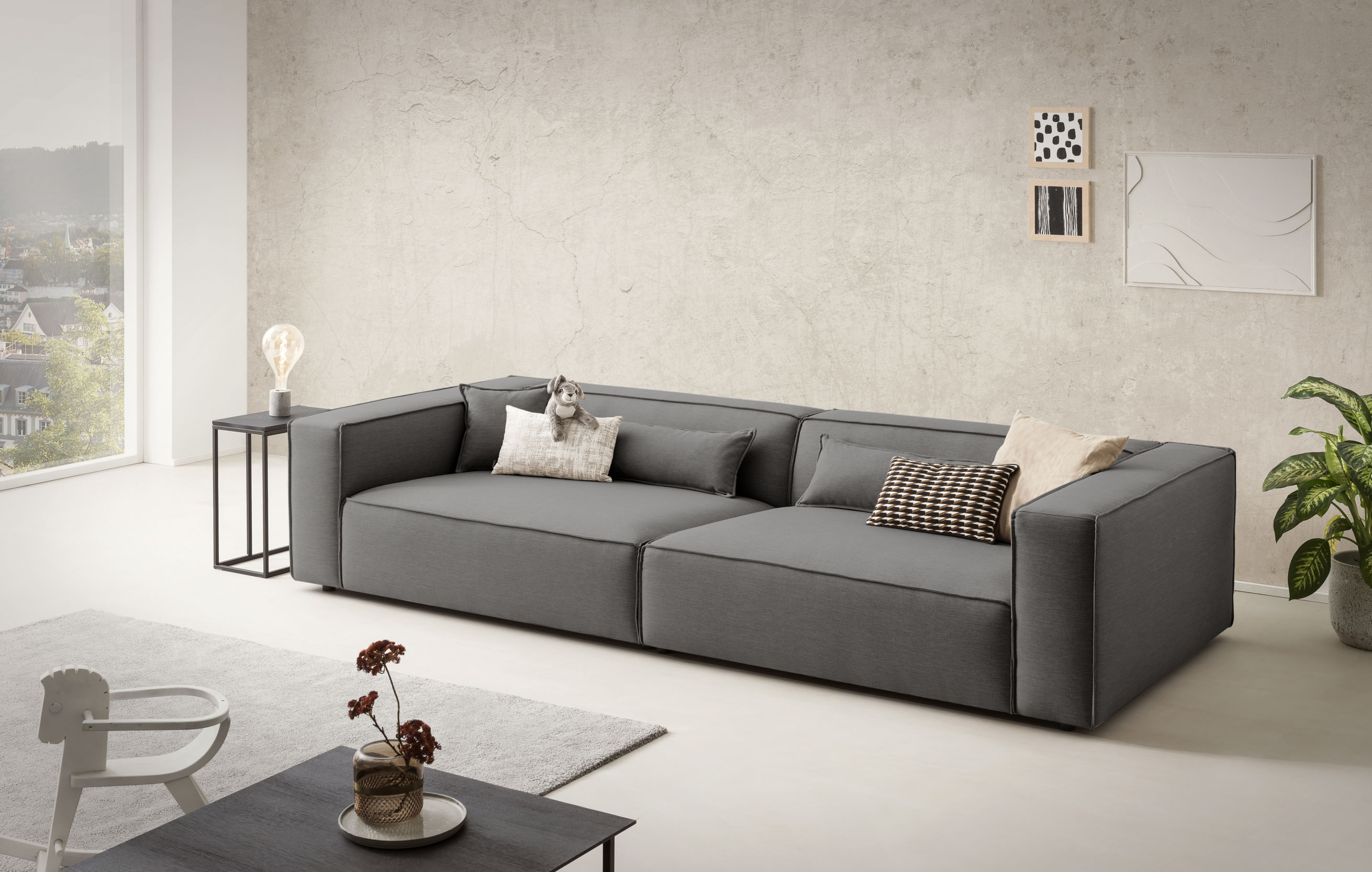 LeGer Home by Lena Gercke 3-Sitzer "PIARA XXL Struktur u. Leinenoptik, Sofa mit Kedernaht" schwarze Füße, bequemer Sitzkomfort, extra tiefe Sitzfläche