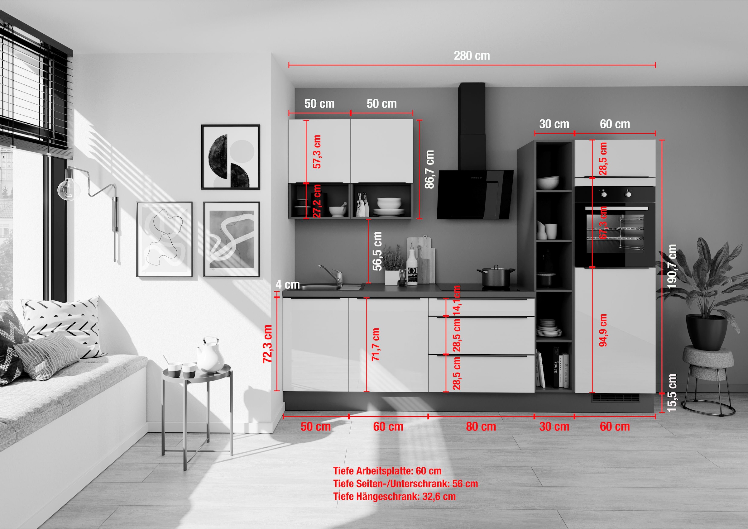 IMPULS KÜCHEN Küche »"Madrid"«, vormontiert, wahlweise mit E-Geräten, mit Vollauszug, Breite 280 cm