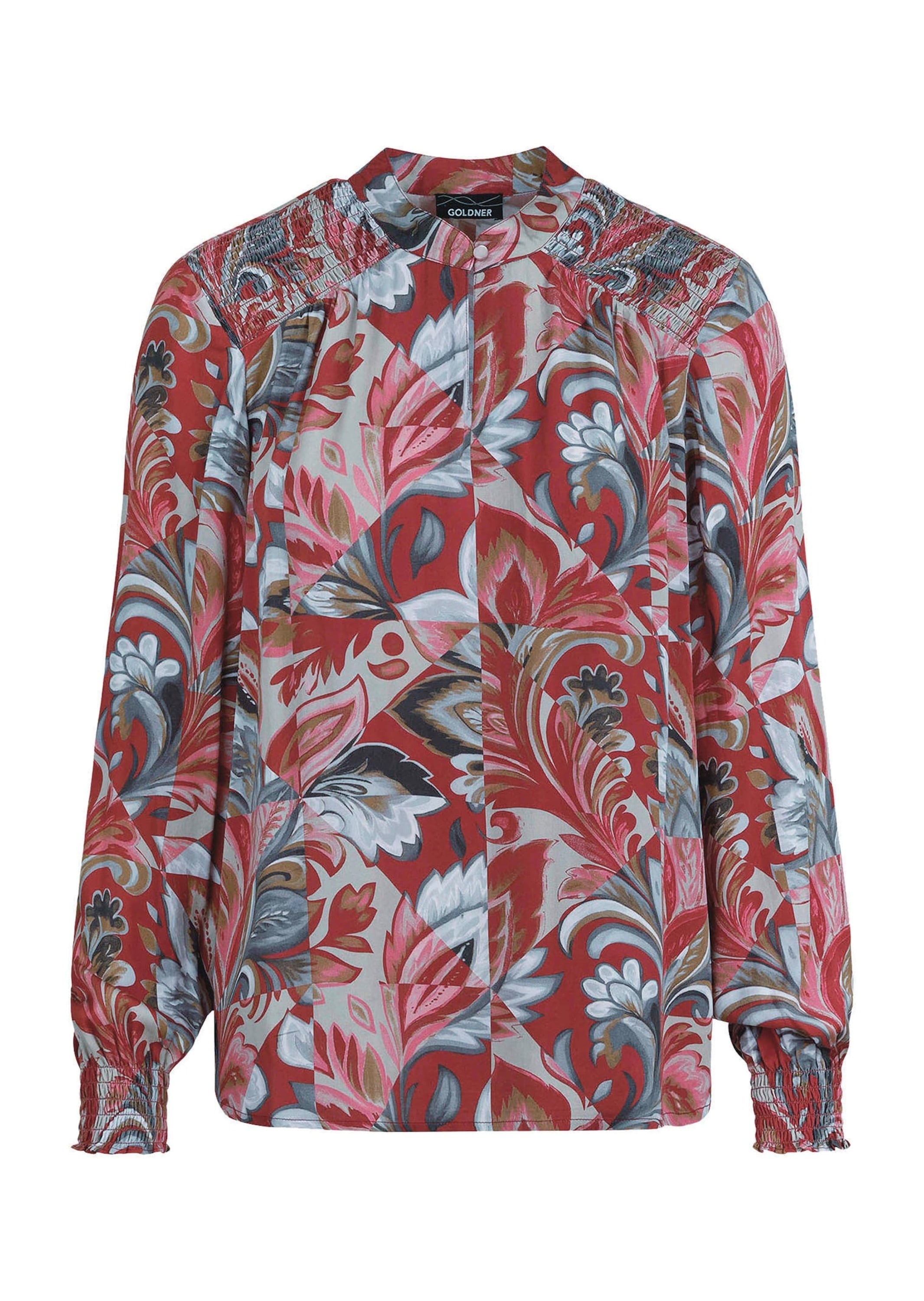 GOLDNER Schlupfbluse "Satin-Schlupfbluse mit Blumendruck" gesmokte Schulterpartie