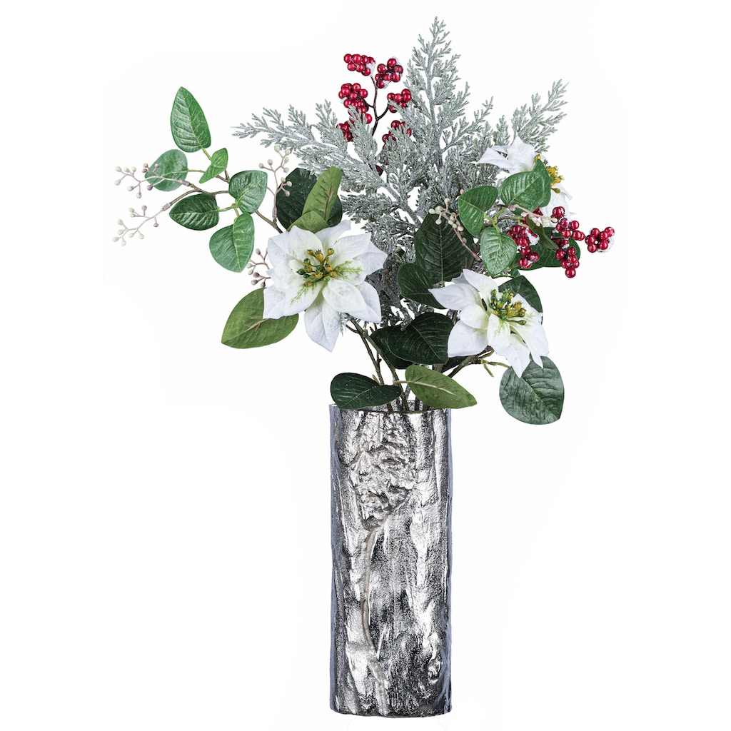Creativ deco Dekovase »Weihnachtsdeko«, (Set, 2 St., 1 Vase, 1 Bouquet), mit Poinsettien-Mix-Bouquet in beschneiter Optik