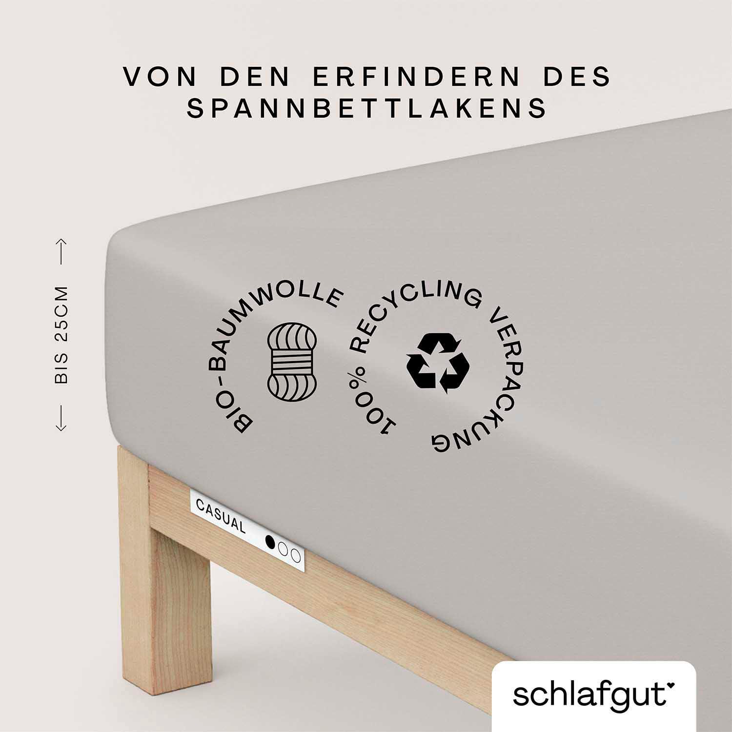 Schlafgut Spannbettlaken "CASUAL Bettlaken 100% gekämmte Bio-Baumwolle, 150 g/m², Spannbetttuch" Bettlaken bis 25 cm Höhe, langlebig, weich, Antipilling-Ausrüstung