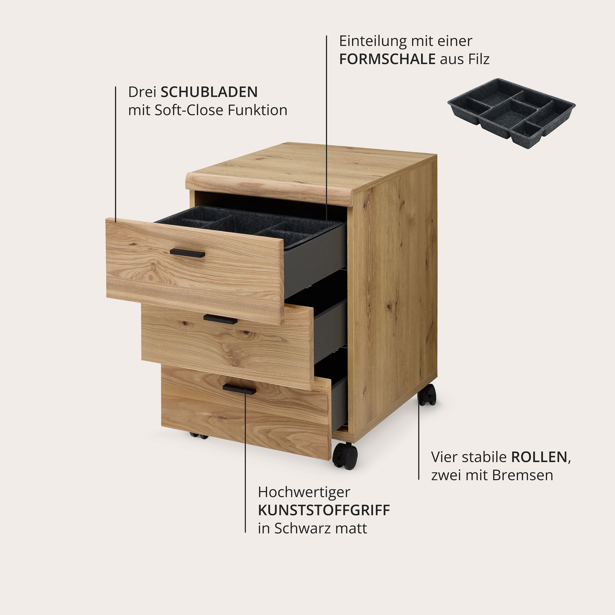 Innostyle Rollcontainer »Nachtkommode Glenn, 45 x 66 x 55 cm (B/H/T)«, (1 St.), inkl. Filzeinlage, 4 Rollen (2 mit Bremsen) oder Sockel, SK Soft-Close