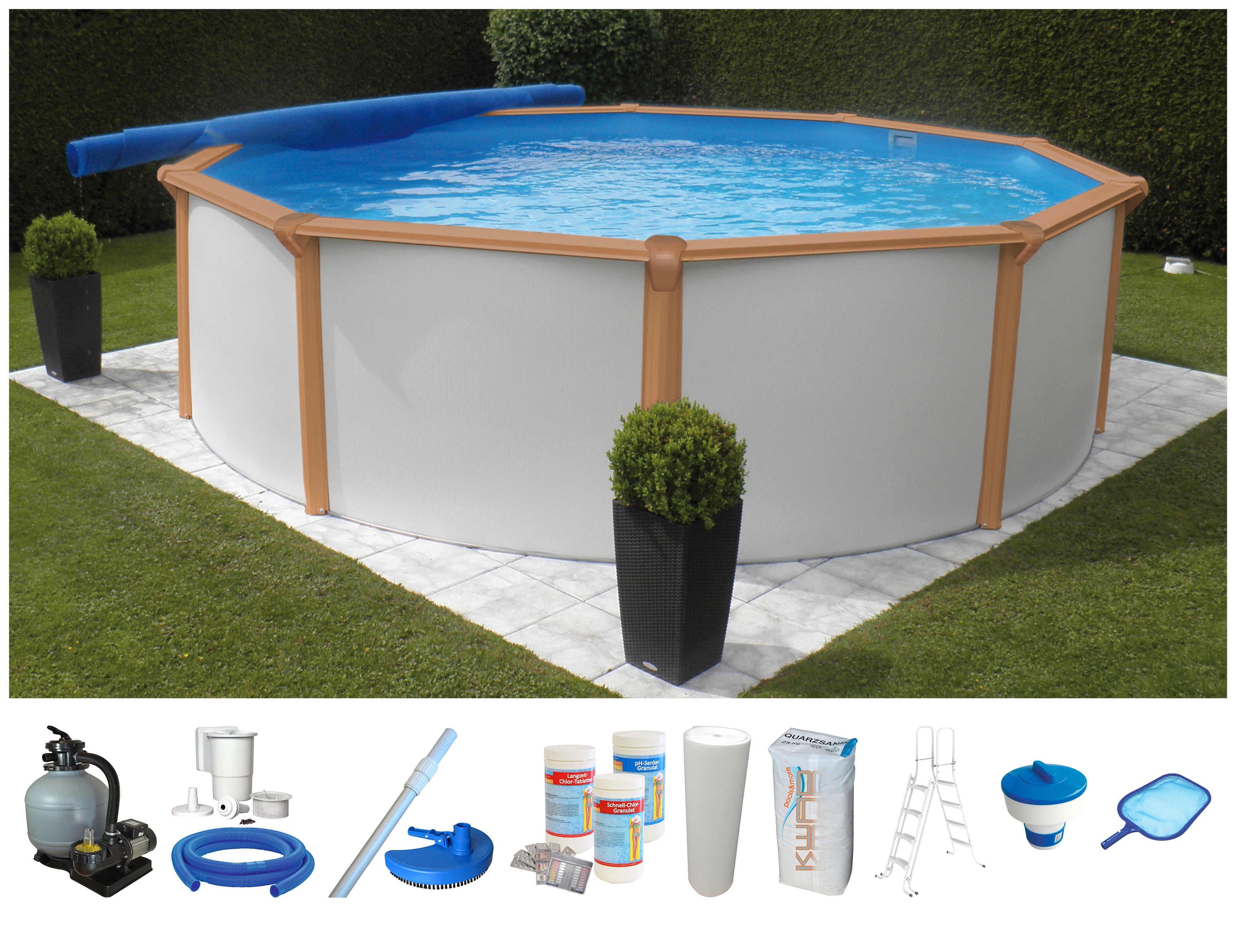 KWAD Rundpool "White Timber inkl. Sicherheitsleiter und umfangreichem Zubehör" 10-tlg., Höhe: 1,32m, inkl. Wasserpflege-Set