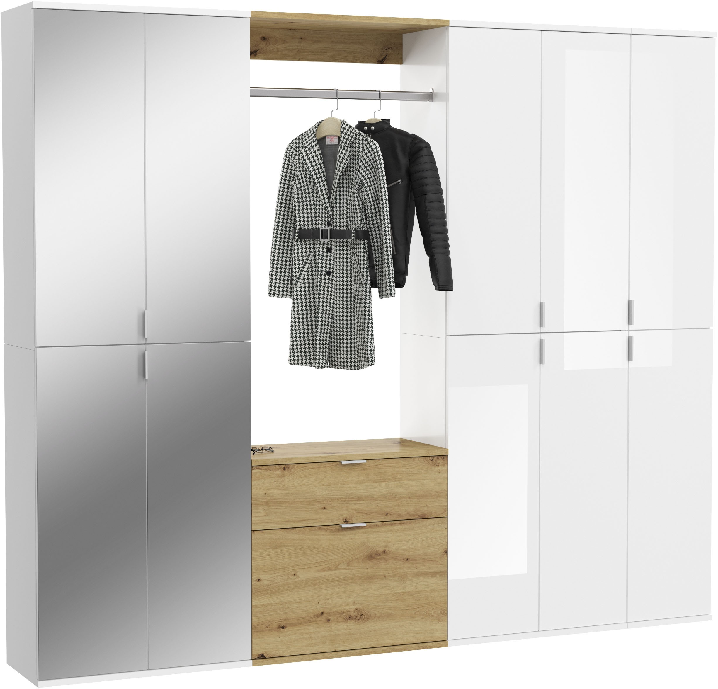 Home affaire Garderoben-Set "TRONDHEIM, 6-teilig, Breite 213cm, individuell platzier- & erweiterbar" Set, bestehend aus: 3x Garderobenschrank & 3-tlgs. Zwischenbauelement, 5 Stk. tlg.