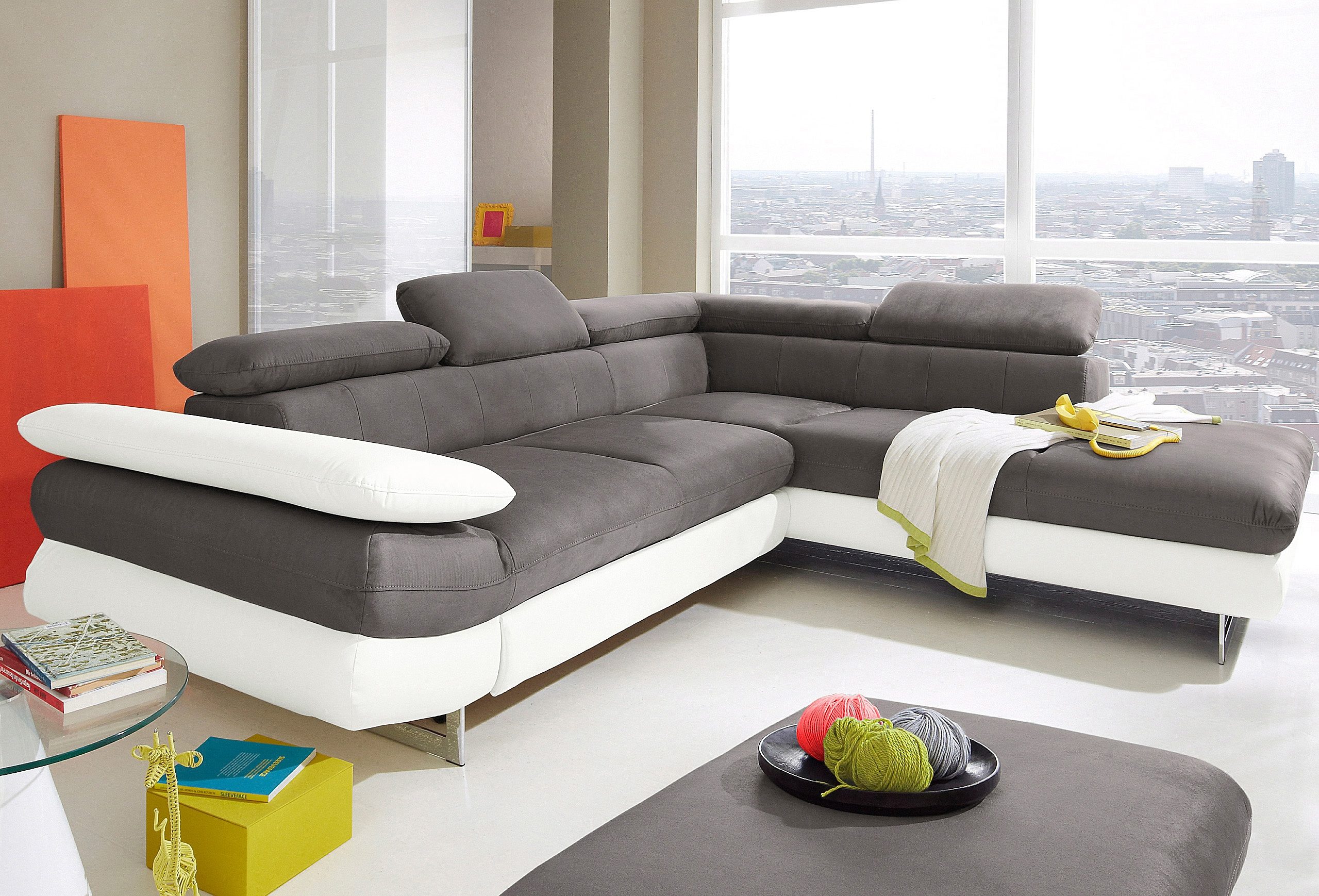 COTTA Ecksofa "Solution L-Form, Design Sofa, bequeme Wellenunterfederung, Design Fuß" mit Arm- & Kopfteilverstellung, wahlweise mit Schlaffunktion