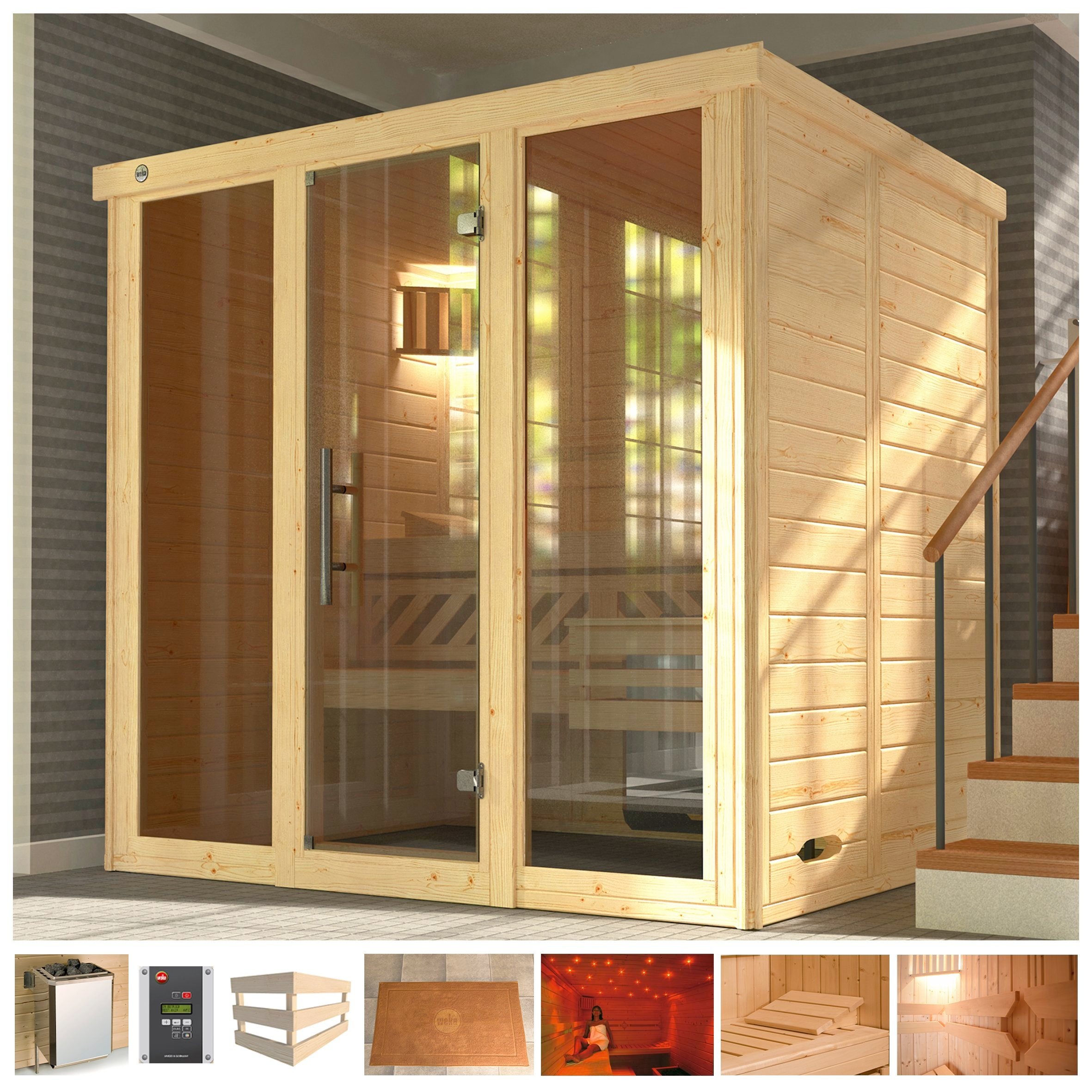 weka Sauna "Kemi Panorama", 7,5 kW Bio-Ofen mit ext. Steuerung