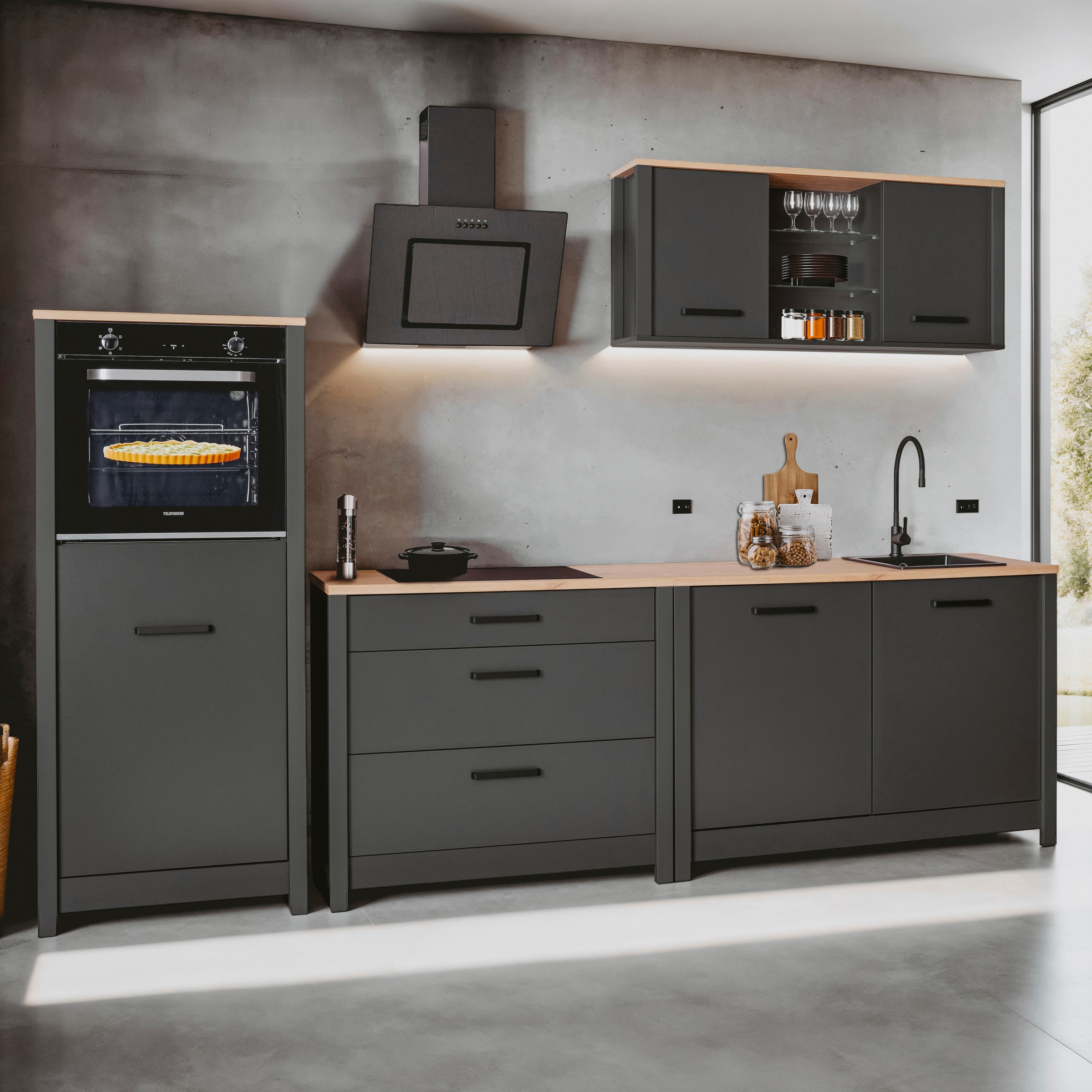 Inter Link Küchenzeile »Carbona, Einbauküche, Küchenblock, Küchenmodul, Kompaktküche« Ohne E-Geräte für Spülmaschine Kochfeld Backofen Kühlschrank B: 300 cm