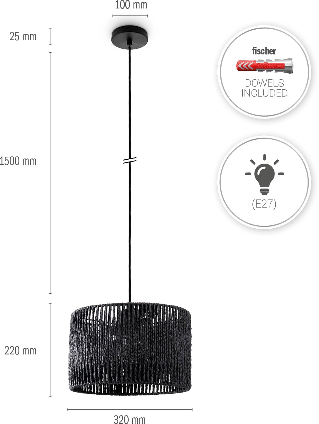 Paco Home Pendelleuchte »Hugo Buena«, Leuchtmittel E27 | ohne Leuchtmittel, Wohnzimmer Esszimmer Rattan Optik Boho Lampenschirm Papier