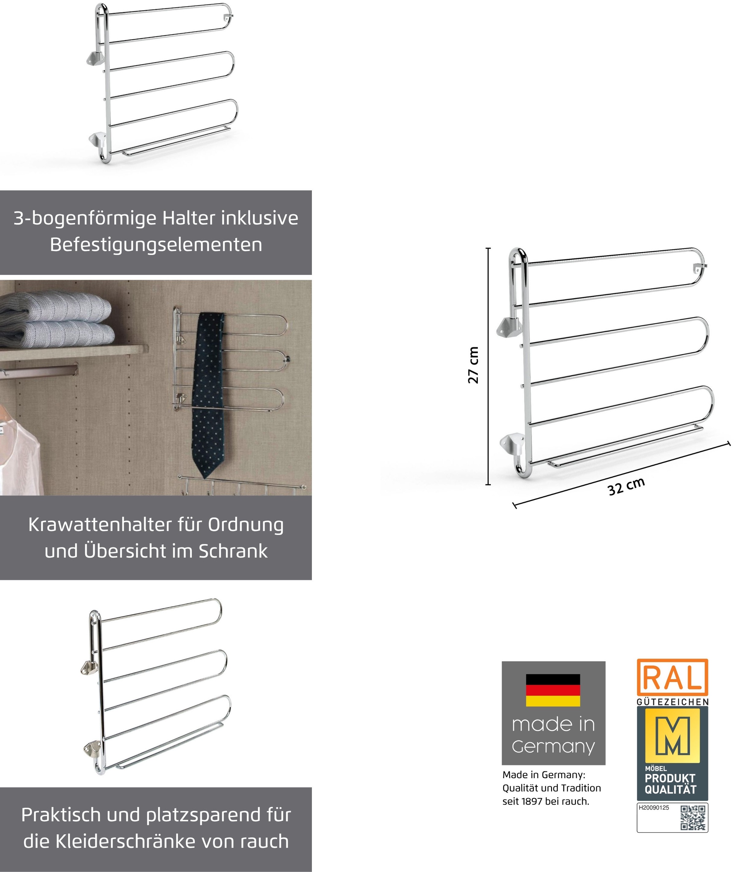 rauch Inneneinteilung »Zubehör für Rauch-Schränke«, Krawattenhalter schwenkbar mit 3 bogenförmigen Haltern