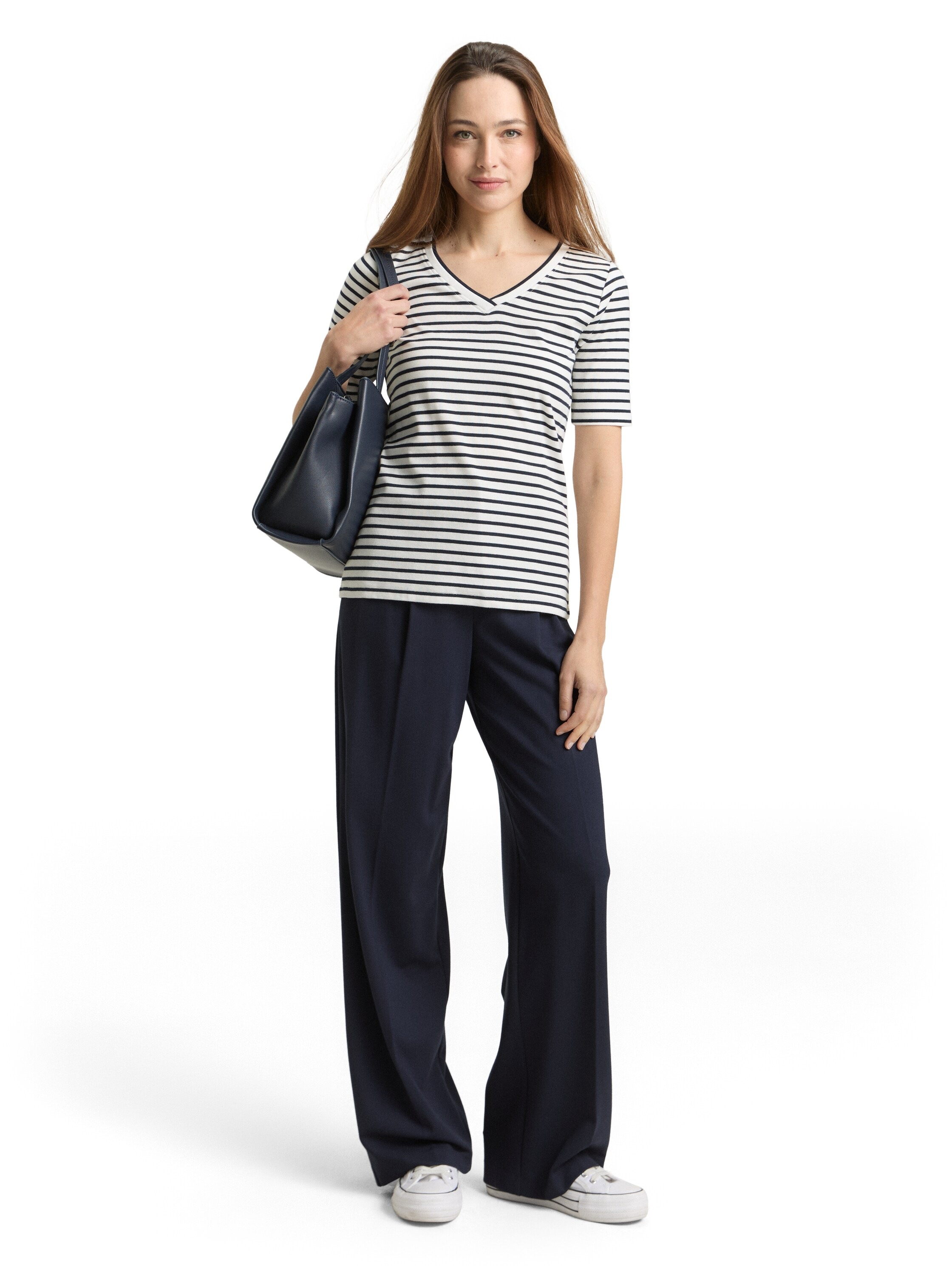 T-Shirt TOM TAILOR, Damen, Gr. XXL, sanftes weiß navy blau stripe, Single Jersey, Obermaterial: 97% Baumwolle, 3% Elasthan, gestreift, regular fit normal, V-Ausschnitt, gerader Abschluss, Shirts T-Shirt, mit Kontrast Detail 3