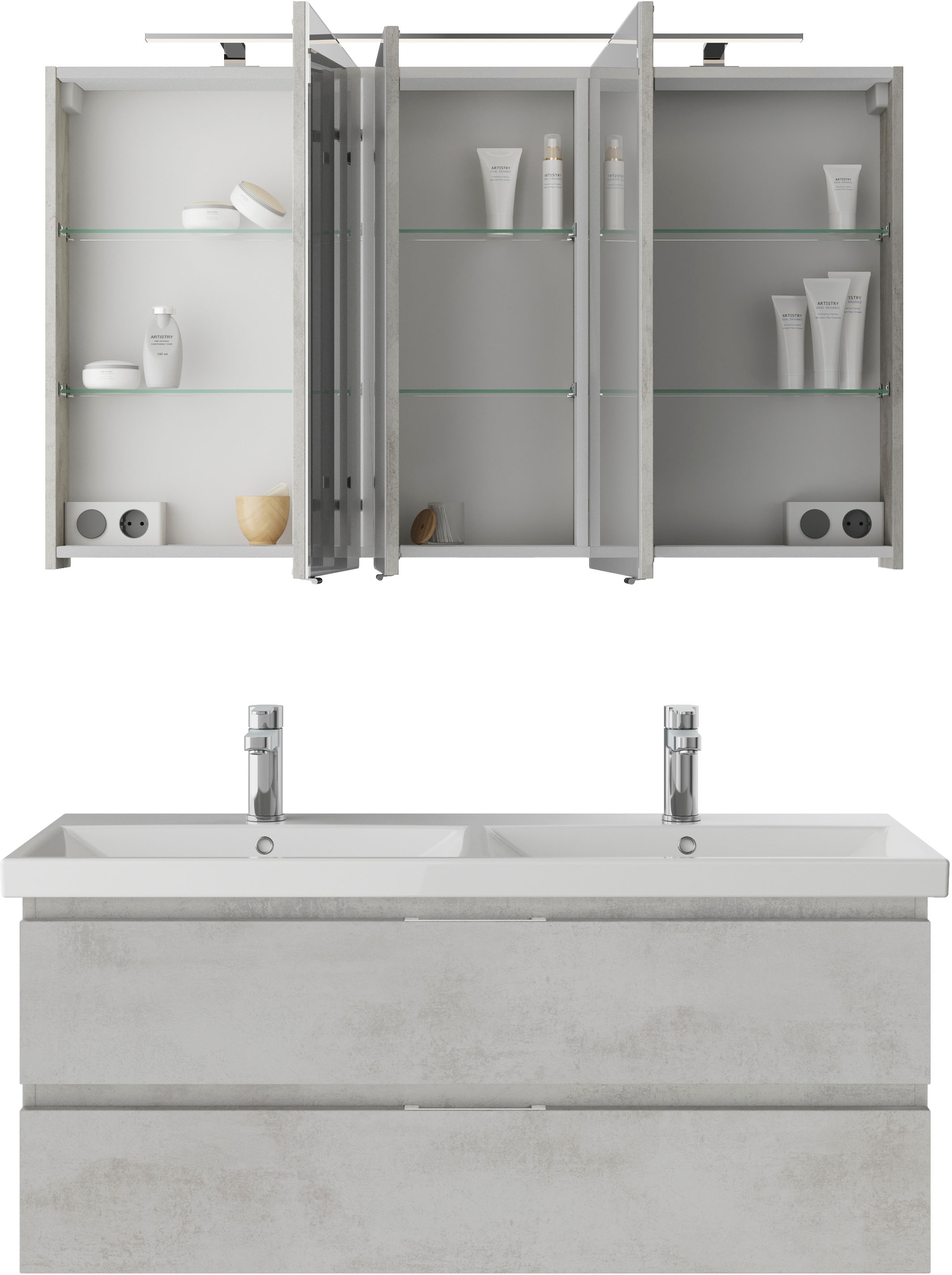 Saphir Badmöbel-Set »Serie 4035 2-teilig, Keramik-Doppelwaschtisch mit LED-Spiegelschrank«, (Set), Doppel-Waschplatz inkl Türdämpfer, 120 cm breit, 2 Schubladen, 3 Türen