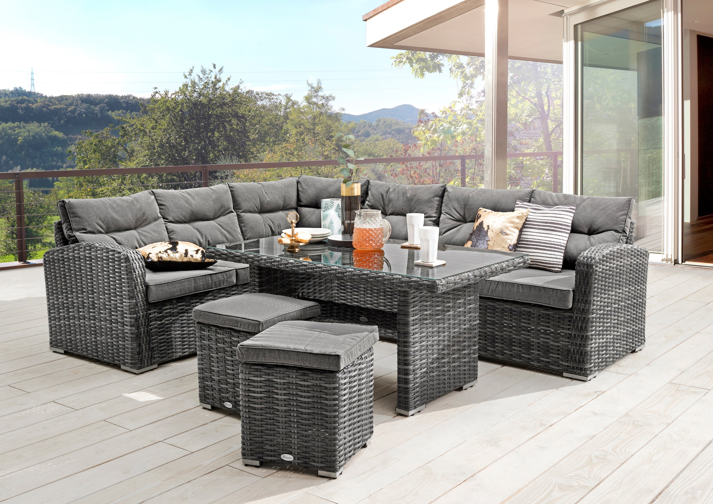 Destiny Gartenlounge-Set "SANTA PONSA II Eckgruppe grau meliert, Tisch 140x80cm, Polster grau" Set, 20 Stk. tlg. Aluminium, Polyrattan