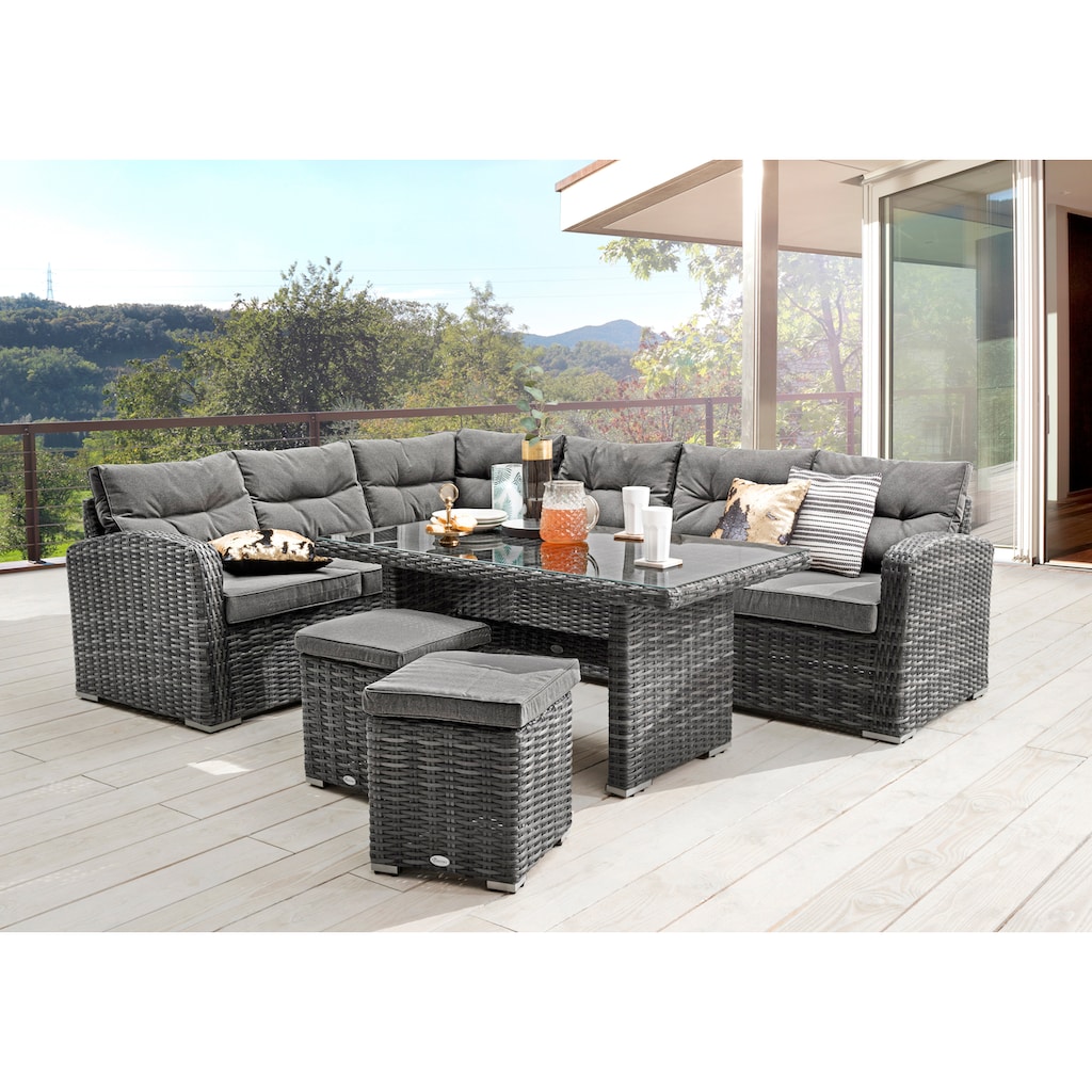 Destiny Gartenlounge-Set »SANTA PONSA«, (20 tlg.), Ecklounge, 1 Tisch 140x80x66 cm, 2 Hocker, inkl. Auflagen