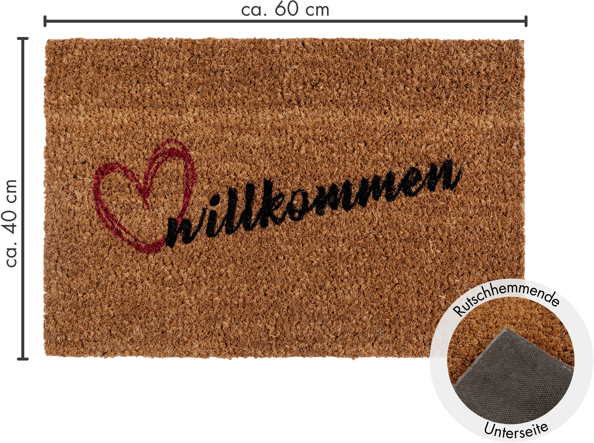Andiamo Fußmatte »Kokos Willkommen«, rechteckig, 17 mm Höhe, Schmutzfangmatte, mit Spruch, rutschhemmend, In- und Outdoor geeignet