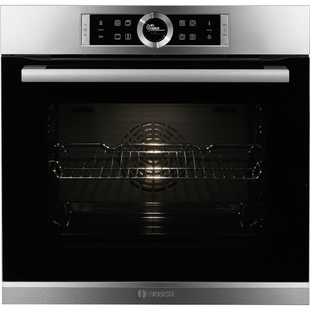 BOSCH Einbaubackofen »HBG635B«, Serie 8, mit Teleskopauszug nachrüstbar, ecoClean Direct, 4D-Heißluft-Eco-Ober-/Unterhitze Eco-Umluft-Infra-Grill-Großflächen-/Kleinflächengrill-Pizzastufe-Sanftgaren-Vorwärmen-Warmhalten-Auftaustufe, mit Pizzastufe