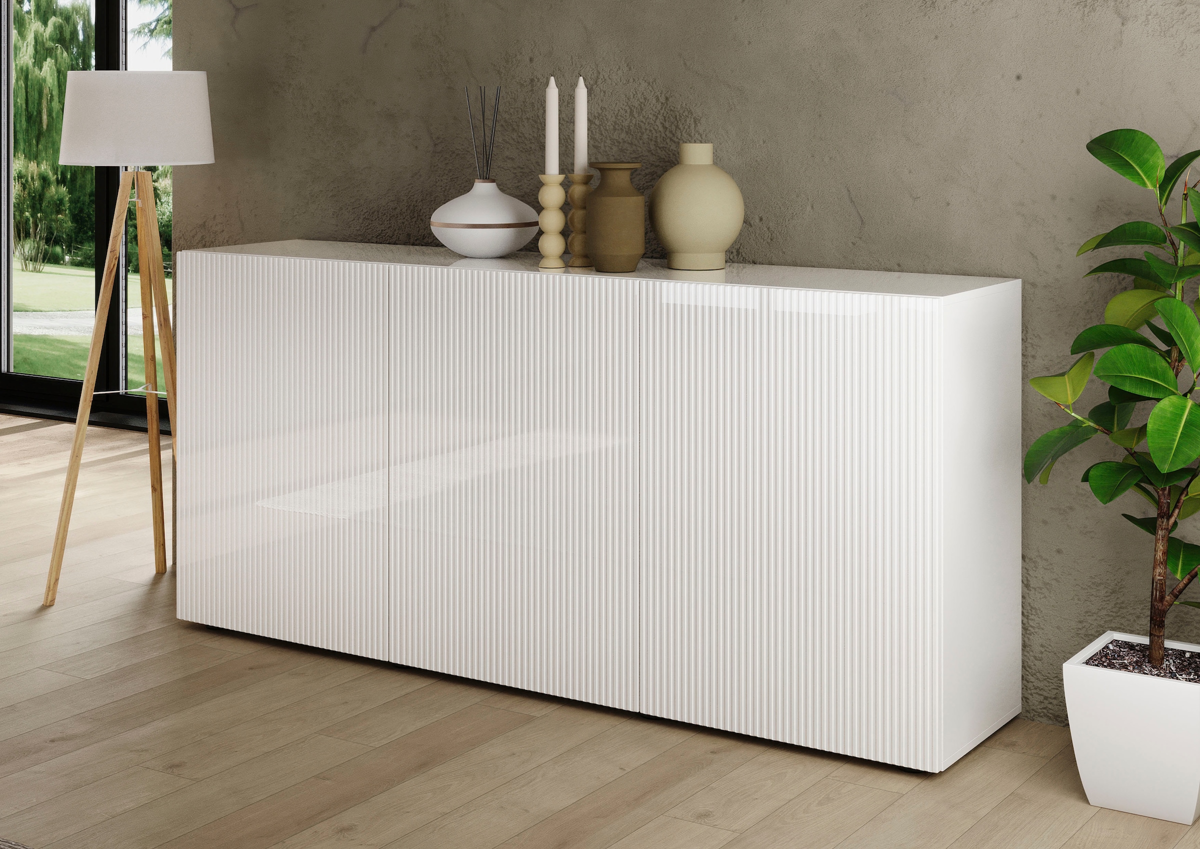 INOSIGN Sideboard »Rio Breite 181 cm, Kommode mit 3 Türen, Anrichte,«, geriffelte MDF-Fronten, modern u. elegant, viel Stauraum