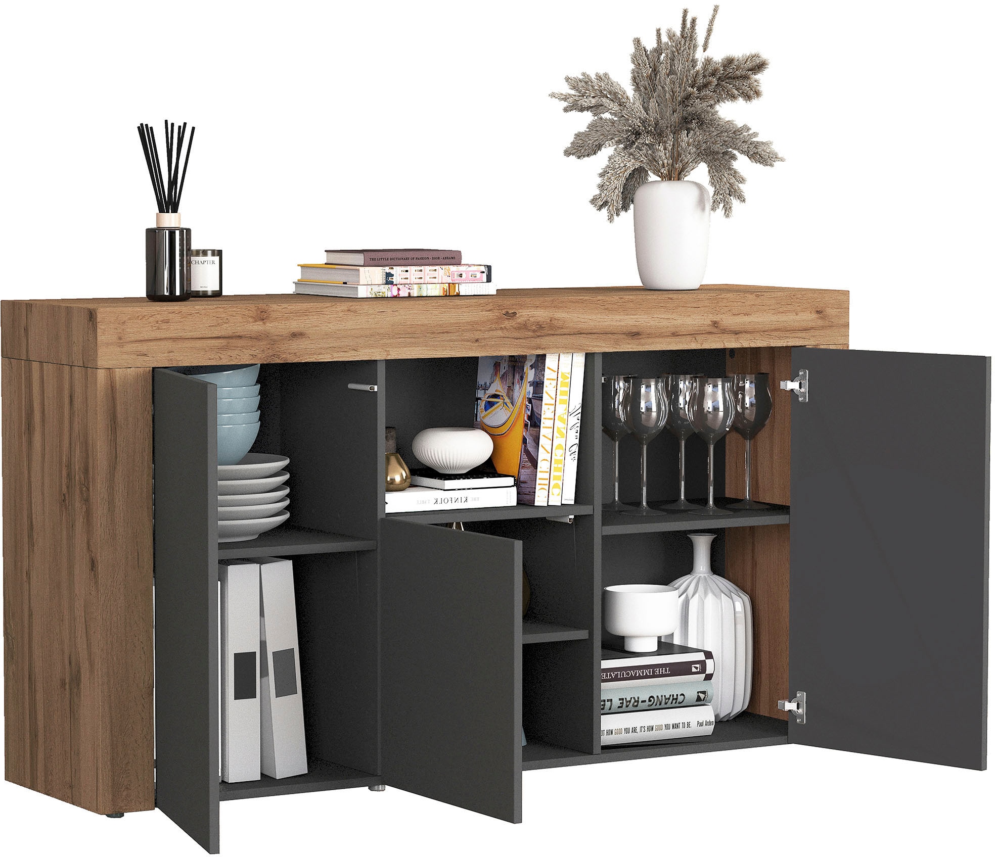 OTTO home Sideboard »CHRONOS Breite 155 cm mit 3 Türen, 1 offenes und 6 geschlossene Fächer« 1 Stk. tlg. Sideboard,Kommode, Schrank, Grifflos mit Push to Open, Made in Italy