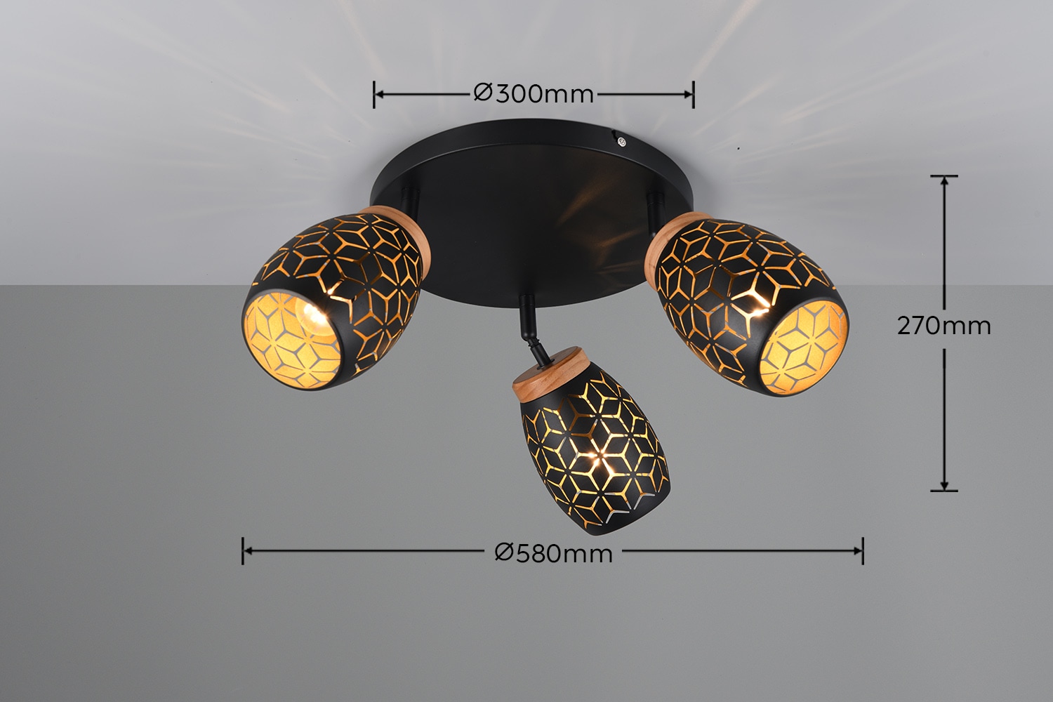 REALITY Leuchten Deckenleuchte »BIDAR, Deckenlampe mit 3 schwenkbaren Spots, exkl 3x E14 max 10W«, 3 flammig, Leuchtmittel E14 | Leuchtmittel wechselbar, Metall-Lampenschirm mit Lasercut Muster und Holz-Dekoelement Ø 58cm