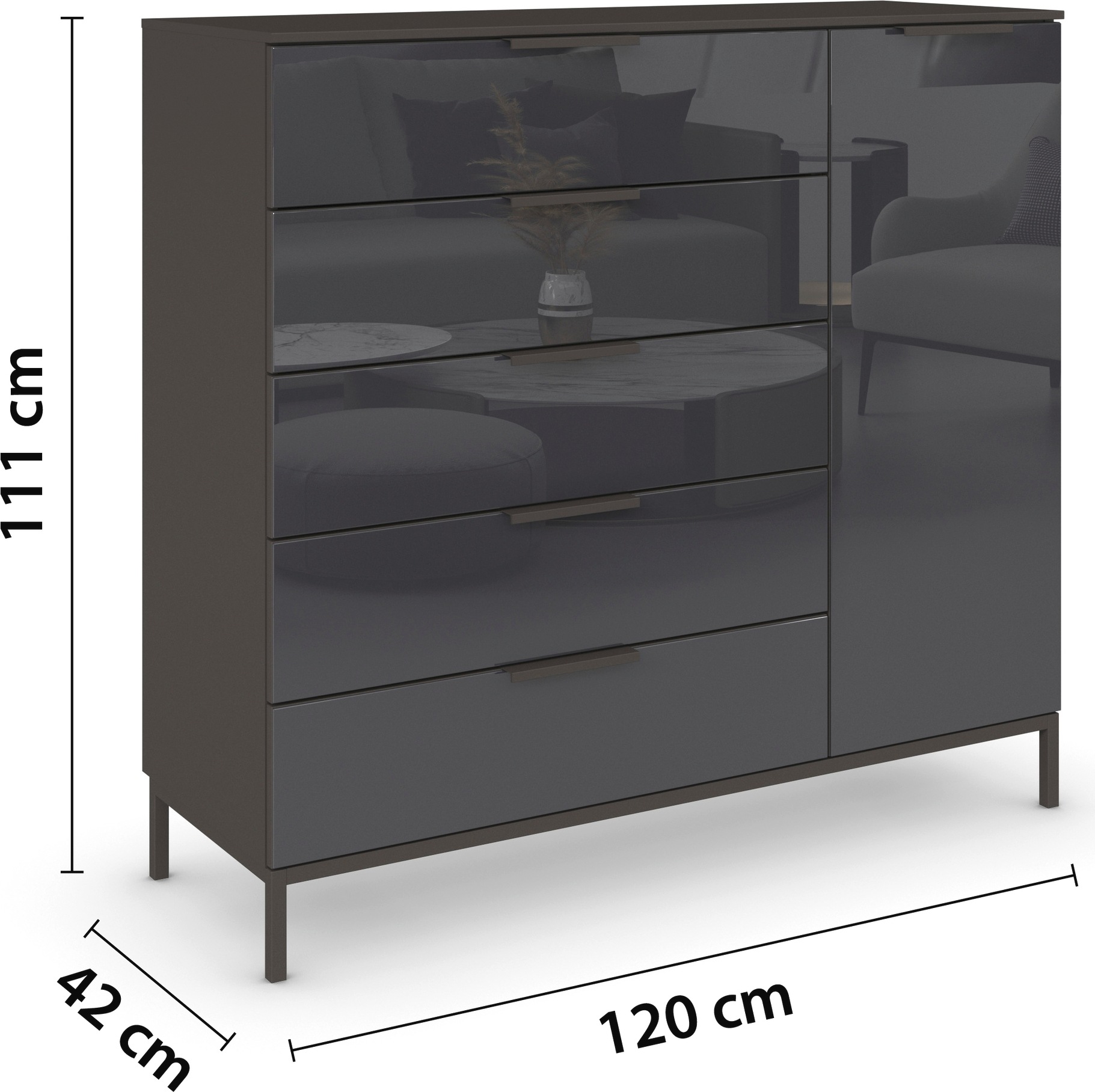 rauch Kombikommode »Kommode Türkommode Sideboard Kombikommode FLIPP mit Glasfront«, (Breite 120 cm mit 2 Einlegeböden), 1-türig mit 5 Schubladen und Soft-Close-Funktion sowie Glasfront