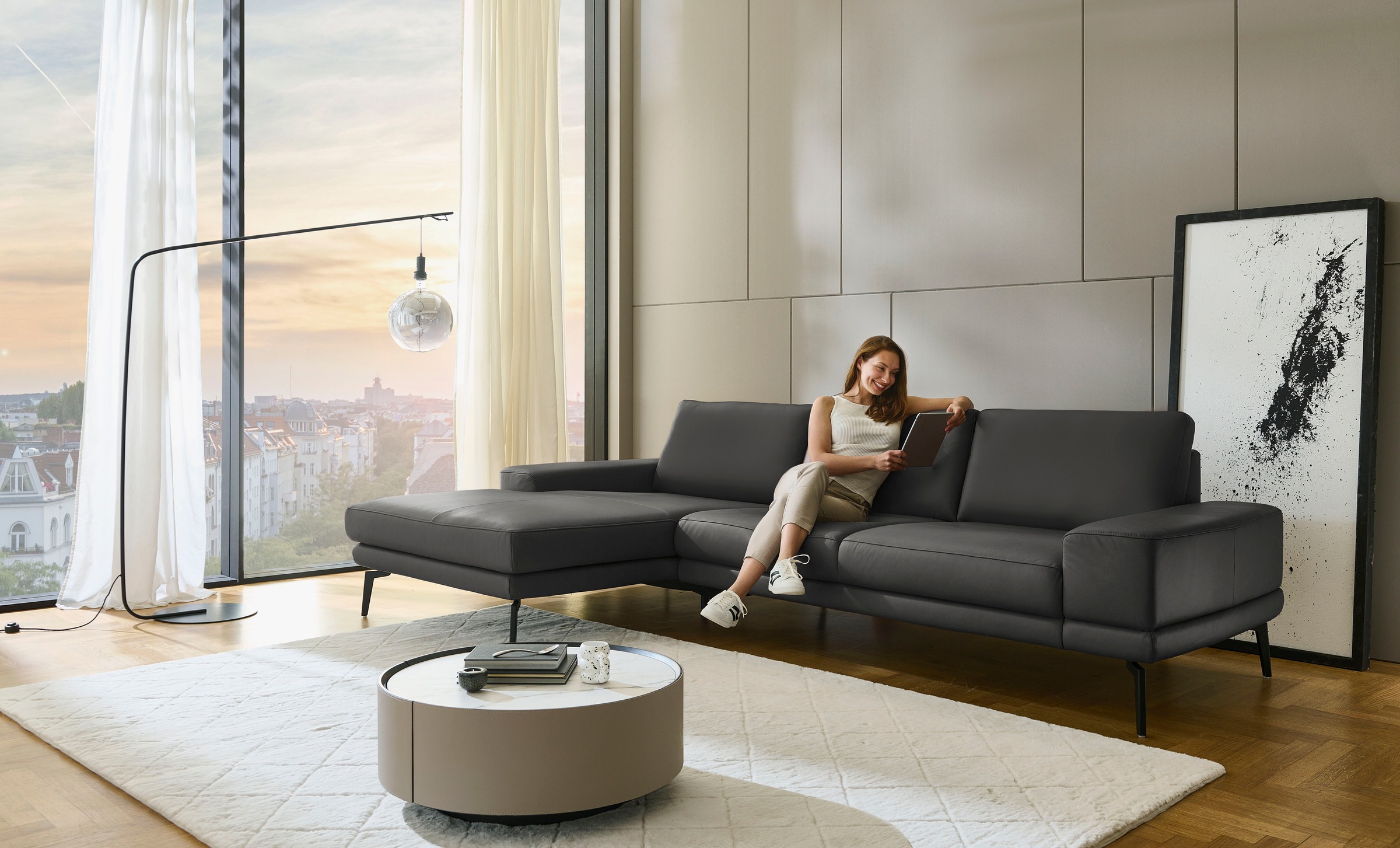 Ecksofa DIE PLANBAR "PN-EM20061, wahlweise frei im Raum stellbar", torro schwarz, B:310cm H:86cm T:180cm, Sofas, Ecksofa, wahlweise mit echt bezogenem Rücken und Sitztiefenverstellung 4