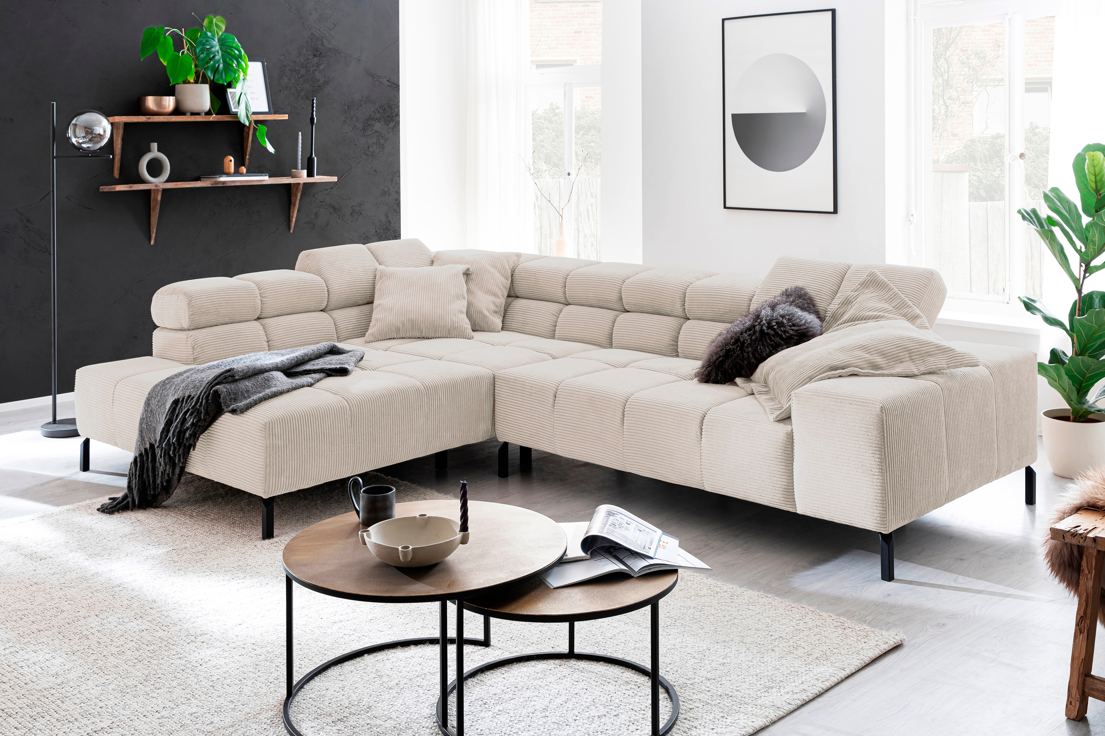 Home affaire Ecksofa "Ancona New, wahlweise motorische Sitztiefenverstellung, auch in Cord" feine Steppung, mit Kopfteilverstellung, 3 Zierkissen, L-Form