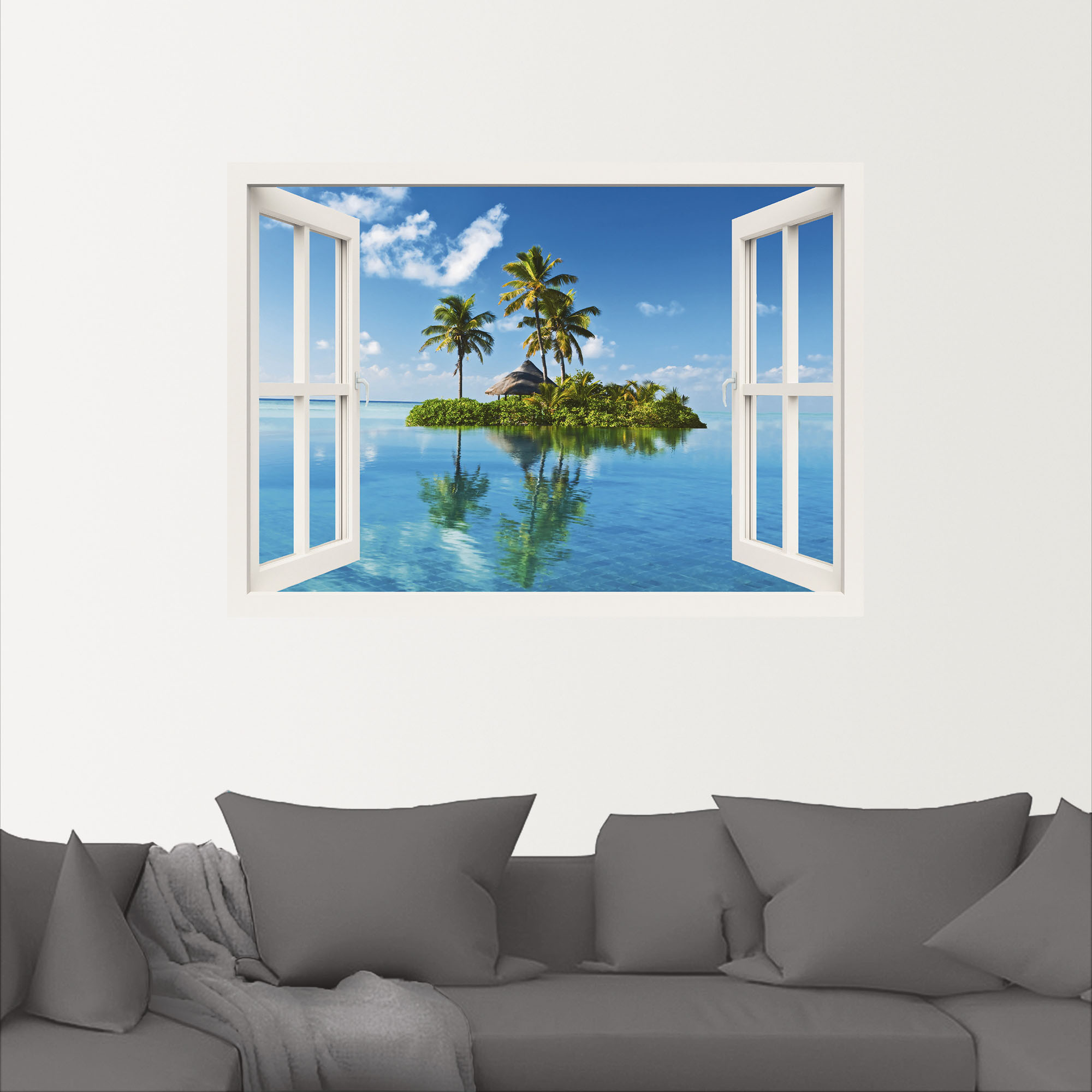 Thumbnail - Artland Wandbild "Fensterblick Insel Palmen Meer", Fensterblick, (1 St.), als Leinwandbild, Poster, Wandaufkleber in ver...