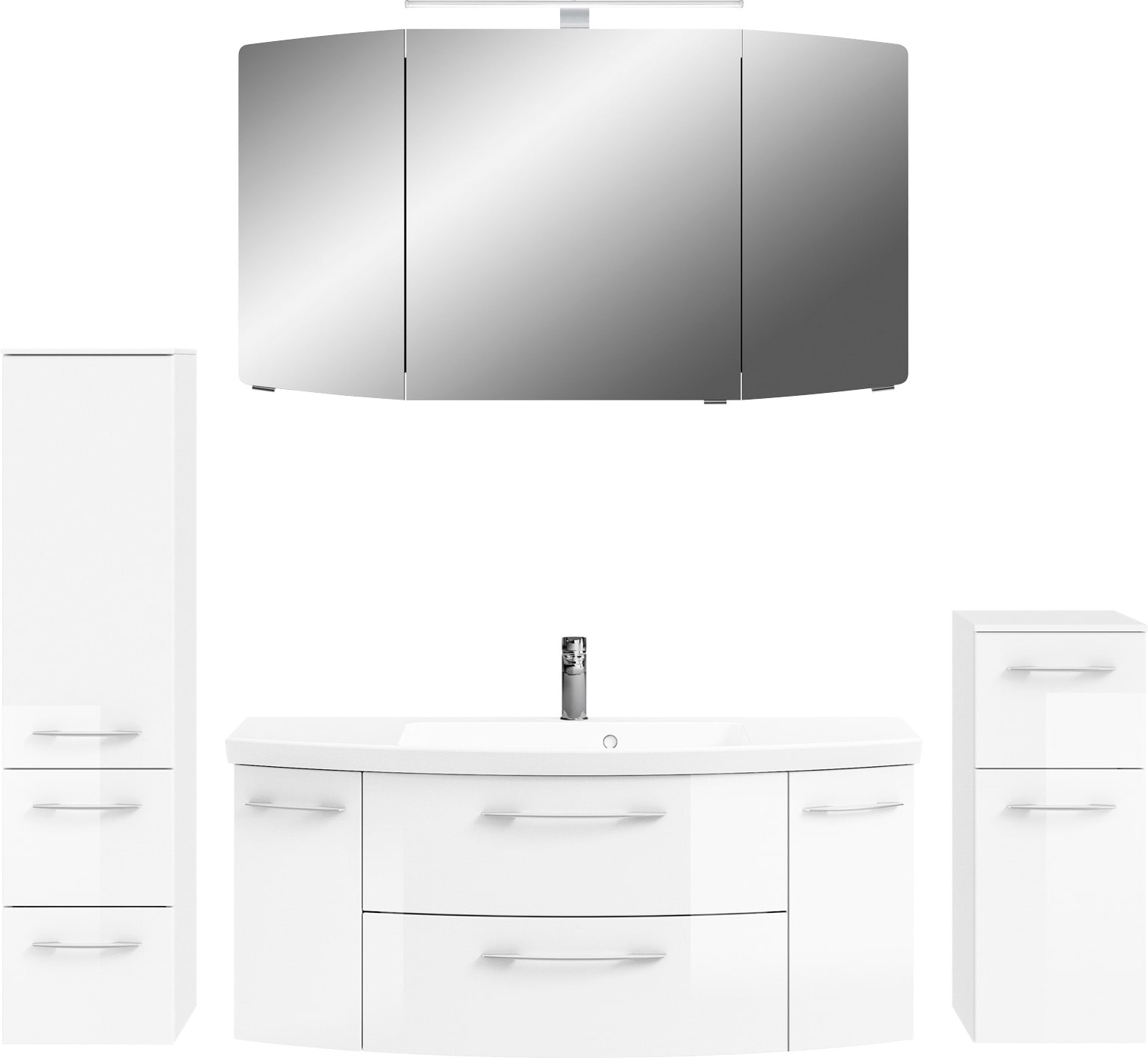 Saphir Badmöbel-Set »Cassca Sprint 4-teilig Mineralmarmor-Waschtisch mit LED-Spiegelschrank«, (5 St.), Midischrank, Unterschrank, inkl. Türdämpfer, 7 Türen, 5 Schubladen