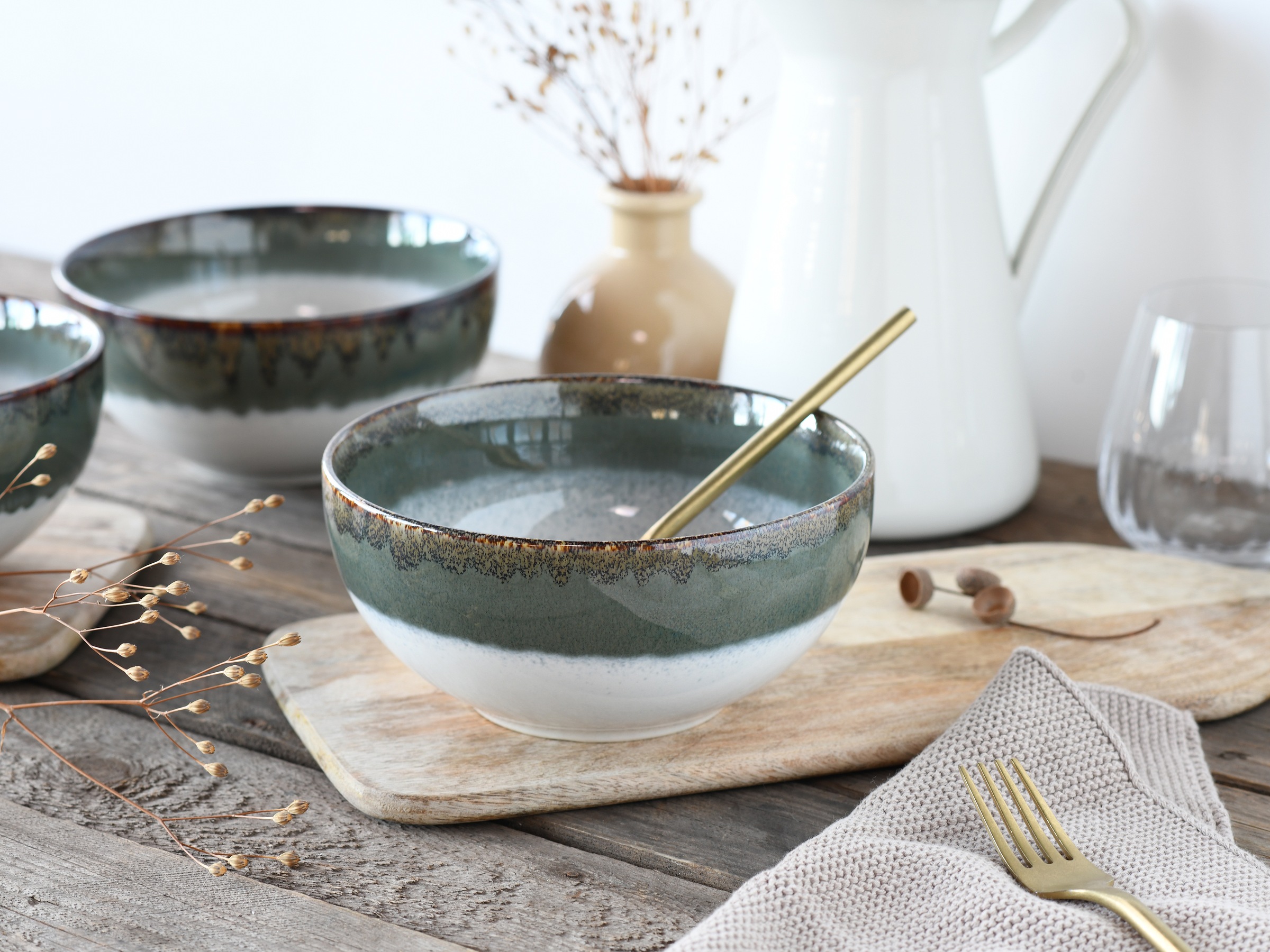 CreaTable Schale »Cascade, Buddha Bowl 17,5 cm 4-tlg«, 4 tlg., aus Steinzeug, Rekativglasur, Healthy Food
