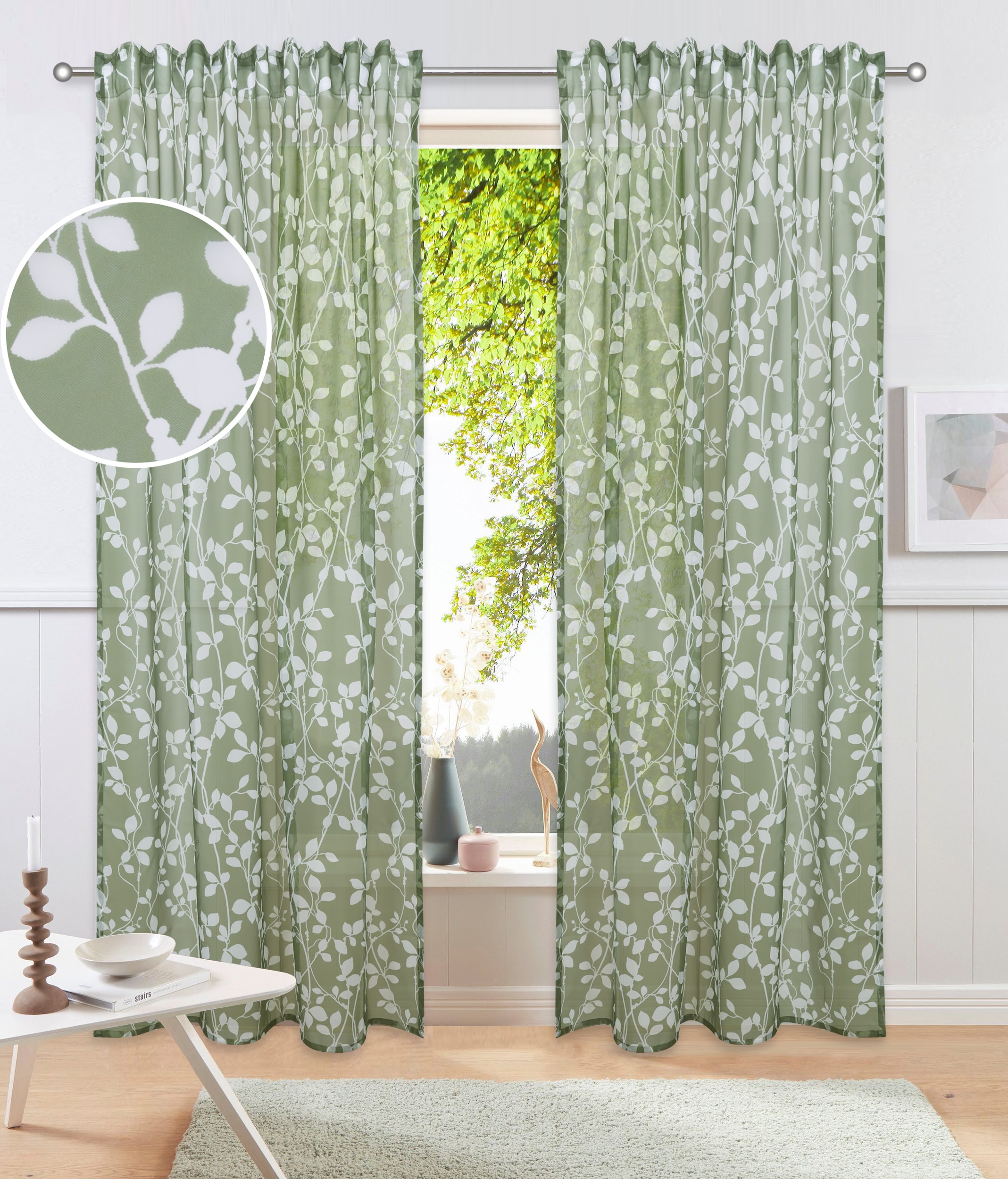 Gardine MY HOME, B:140cm H:225cmolive, Polyester, Gardinen, "Issoire", Wohnzimmer, Schlafzimmer, Esszimmer, gemustert und halbtransparent