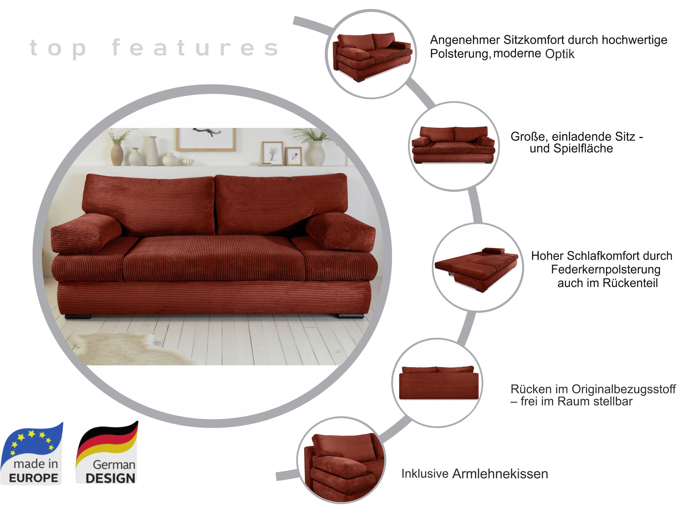 COLLECTION AB Schlafsofa »Tina Breite 200 cm, Liegefl. 146x200 cm« mit Bettfunktion, Bettkasten & 2 Armlehnenkissen, Bonell-Federkern