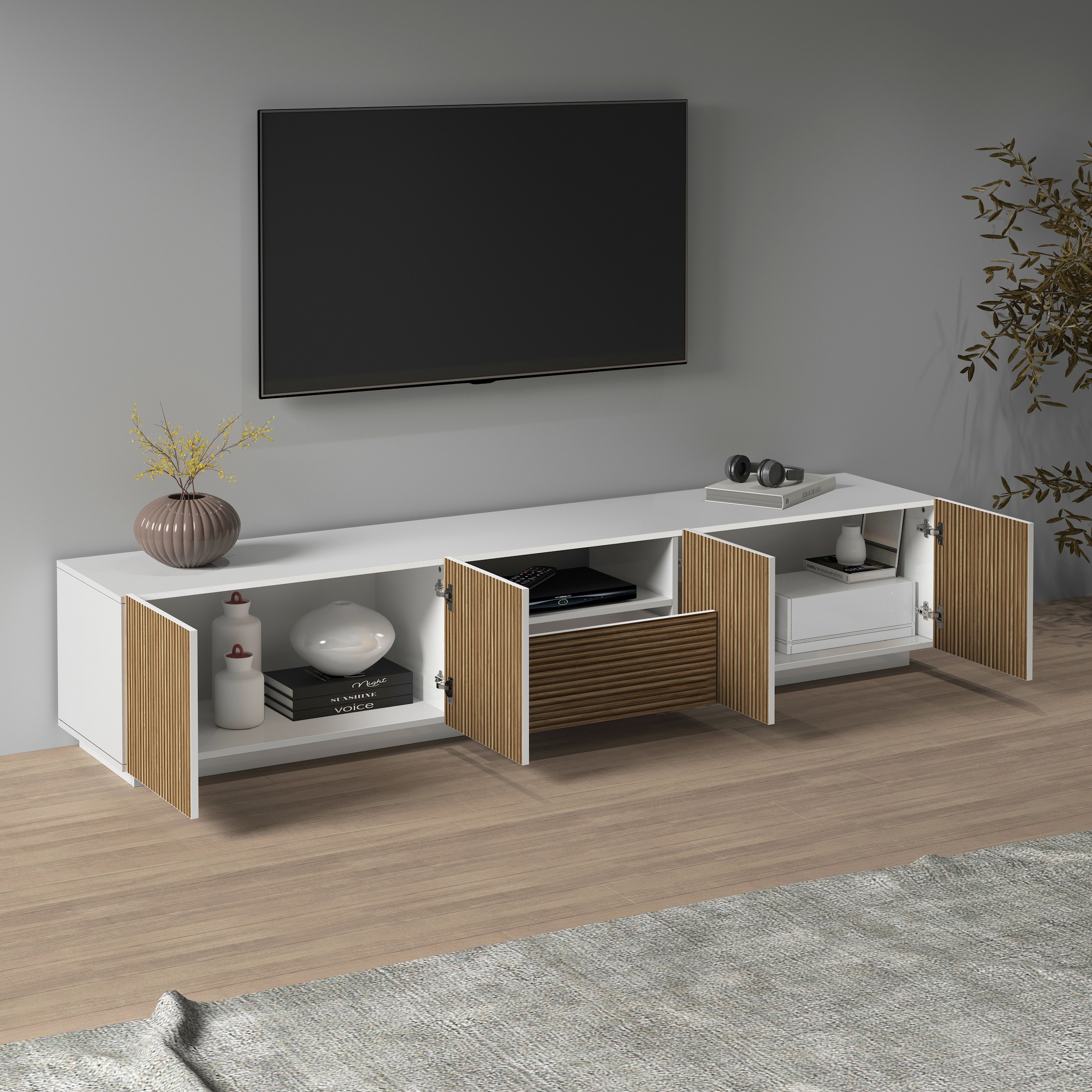 INOSIGN Lowboard »Vega,Lowboard,TV Board,TV Schrank,220 cm«, mit 4 Türen und 1 Schublade,Fronten mit Rillen-Optik