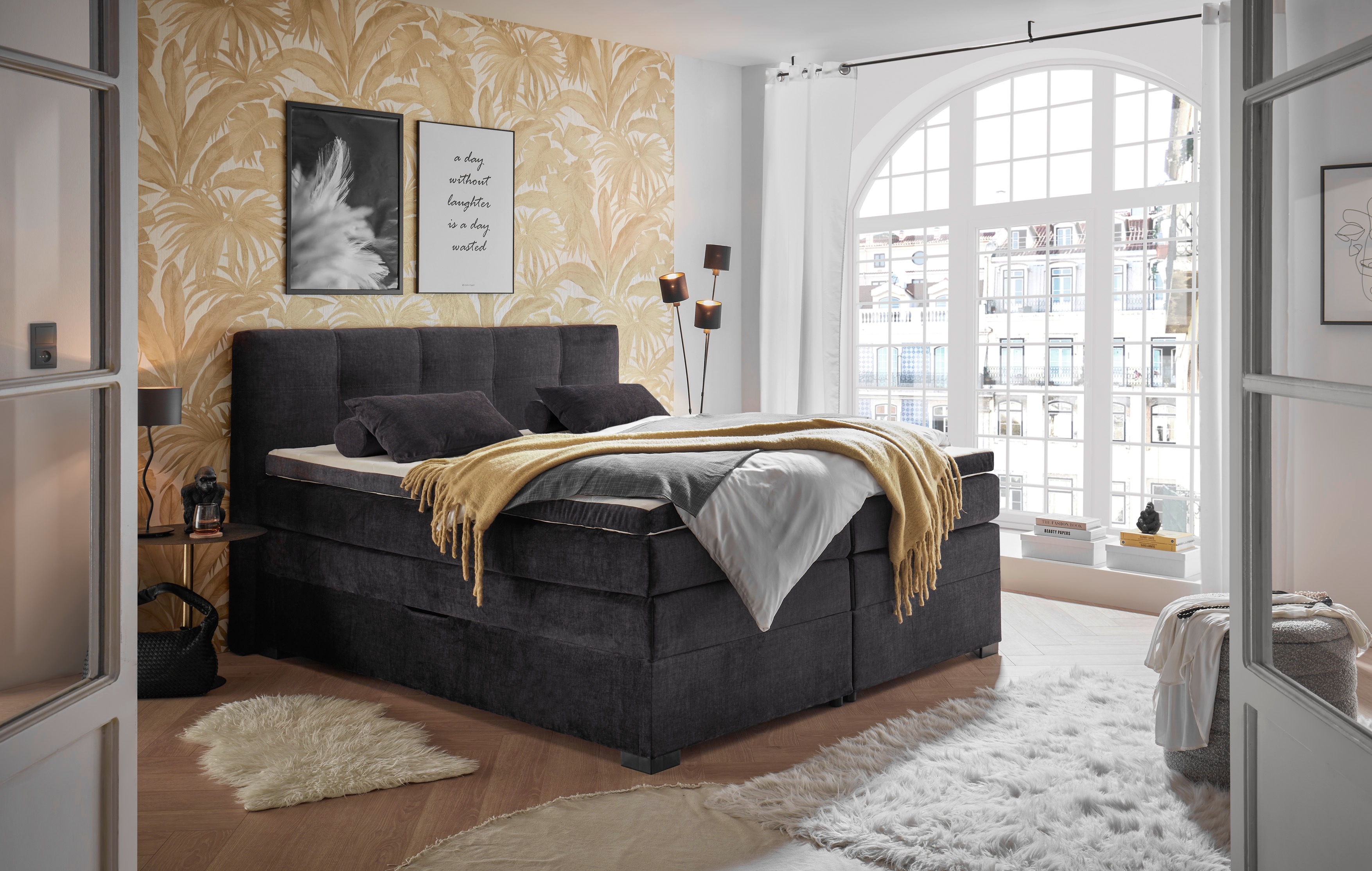 ED EXCITING DESIGN Boxspringbett "FANES, Doppelbett mit Bettkasten und Taschenfederkernmatratze H3" mit 7cm Visco-Topper, hochwertiger Microvelours-Bezug, 180x200cm