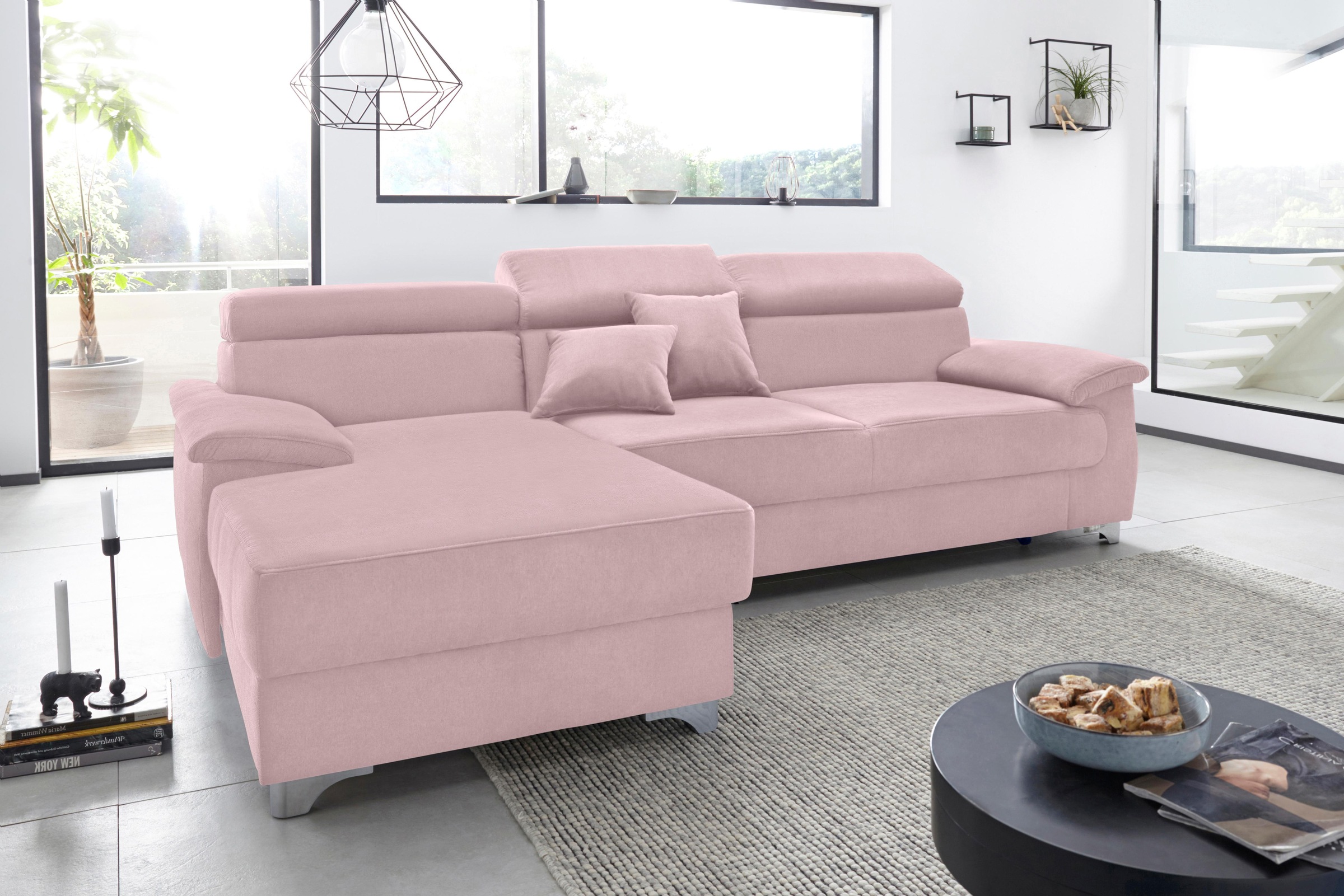 DOMO collection Ecksofa »Mira, inklusive Kopfteilverstellung für mehr Wohlfühlkomfort, L-Form«, wahlweise mit Bettfunktion und Bettkasten, elegant und modern