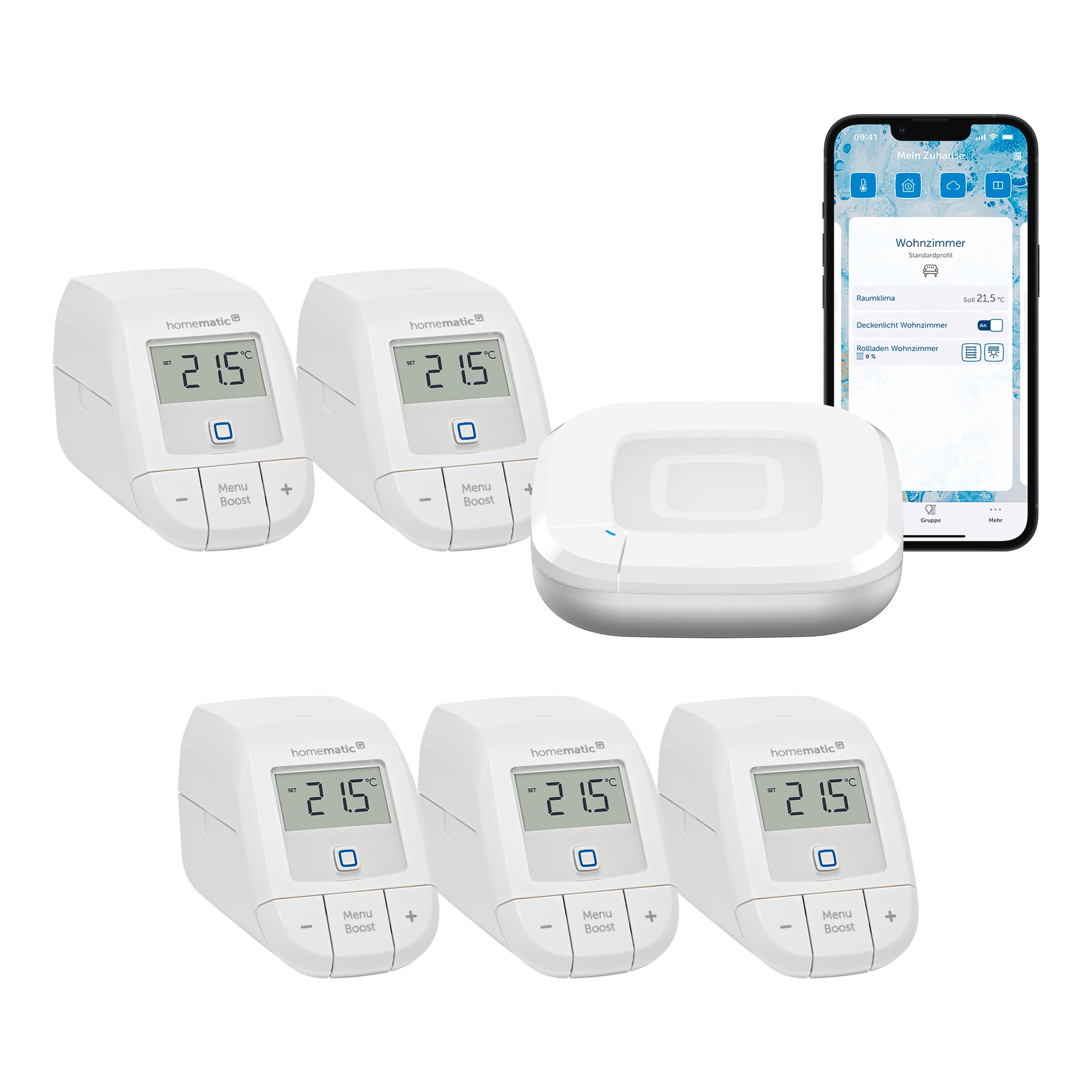 "HOMEMATIC IP Heizkörperthermostat ""Starter Bundle Heizen Basic für 5 Heizkörper"", weiß, B:31cm H:12cm T:37cm, Heizkörperthermostate"
