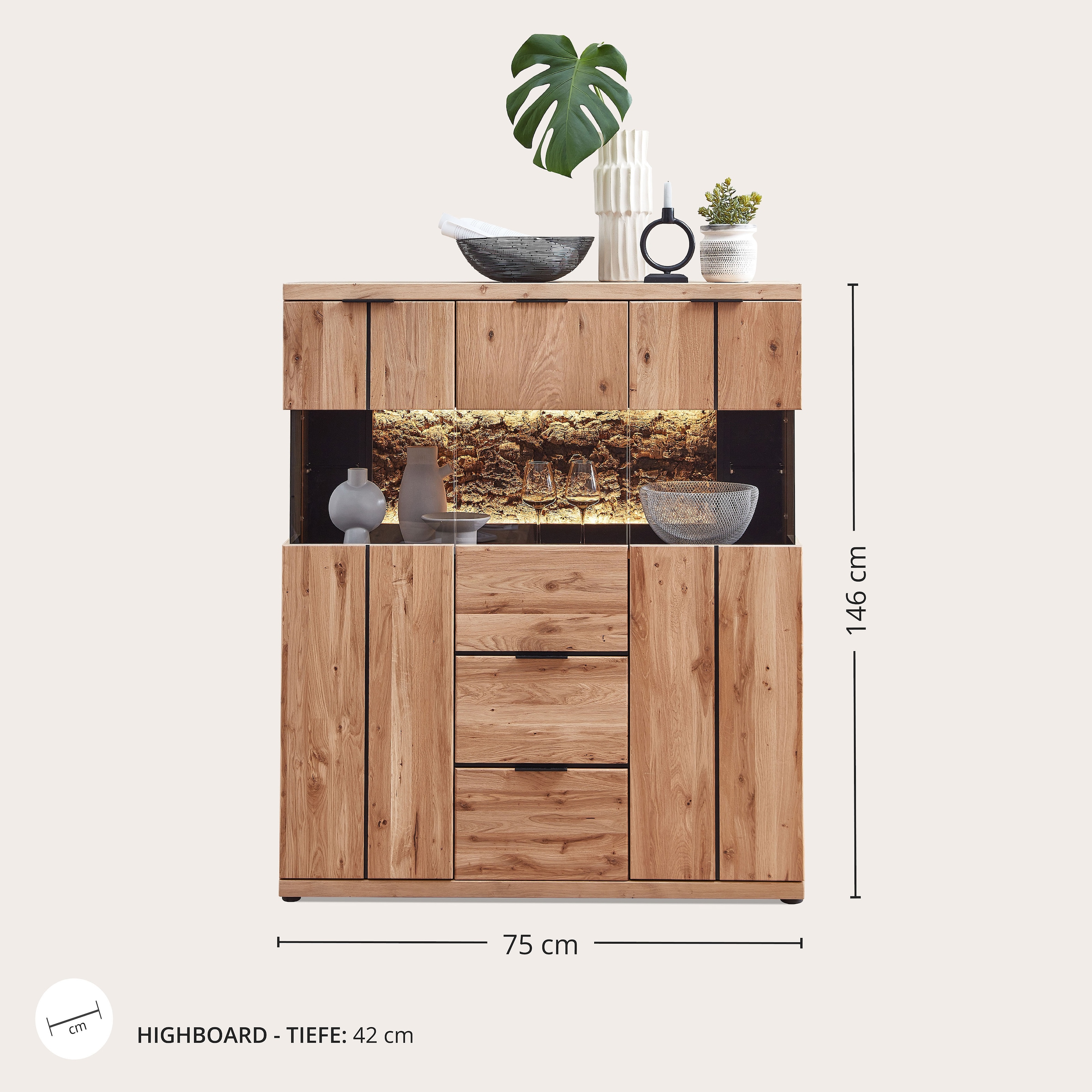 Wohnconcept Highboard »Donna Highboard, 122x144x42 (BxHxT)« 1 Stk. tlg. Beleuchtung optional bestellbar, 3 türig, 2 Schubkasten, Softclose
