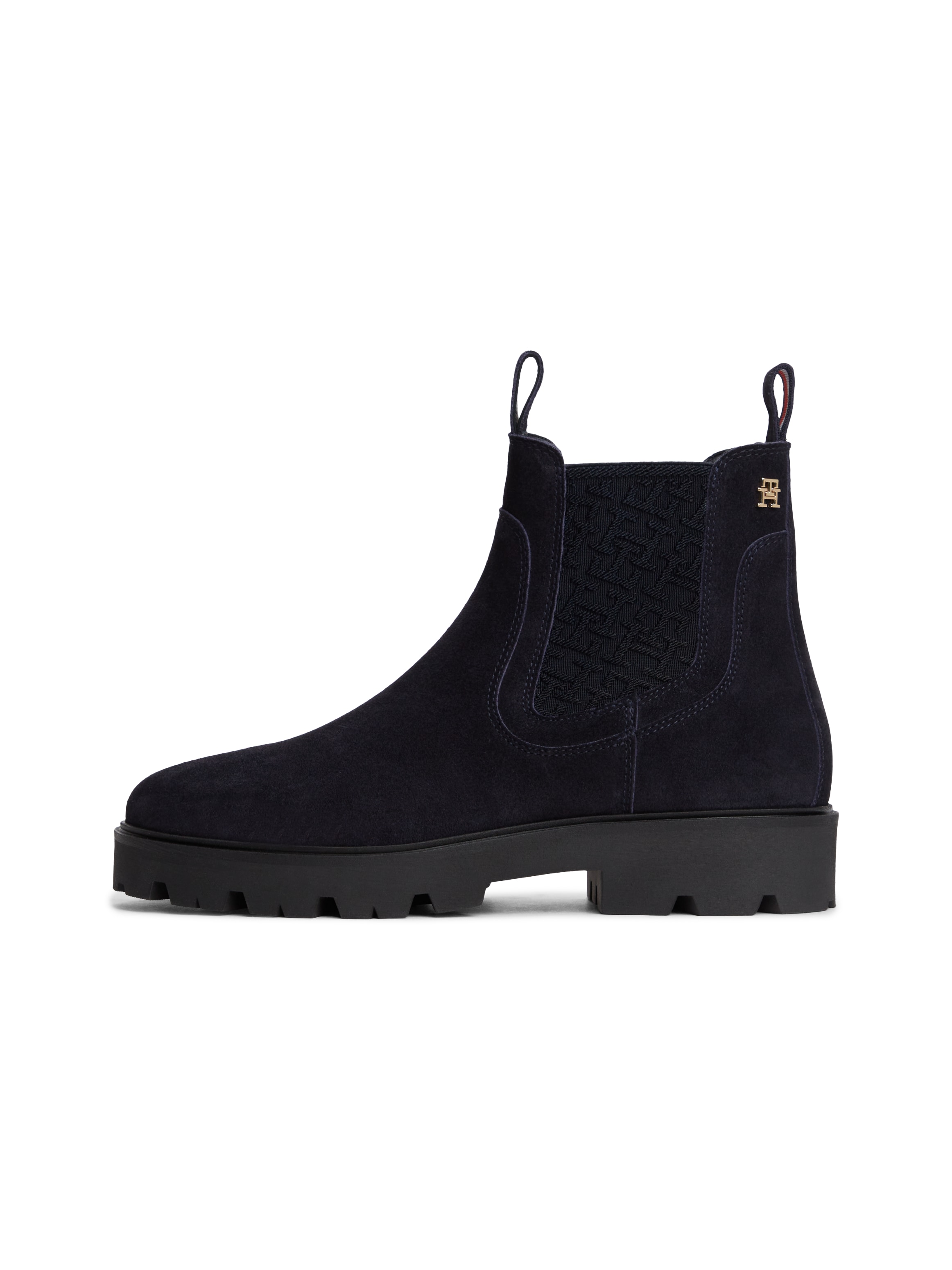 Tommy Hilfiger Chelseaboots »TH MONOGRAM SUEDE CHELSEA BOOT«  Blockabsatz, Schlupfboots, Stiefelett mit TH-Schmuckelement