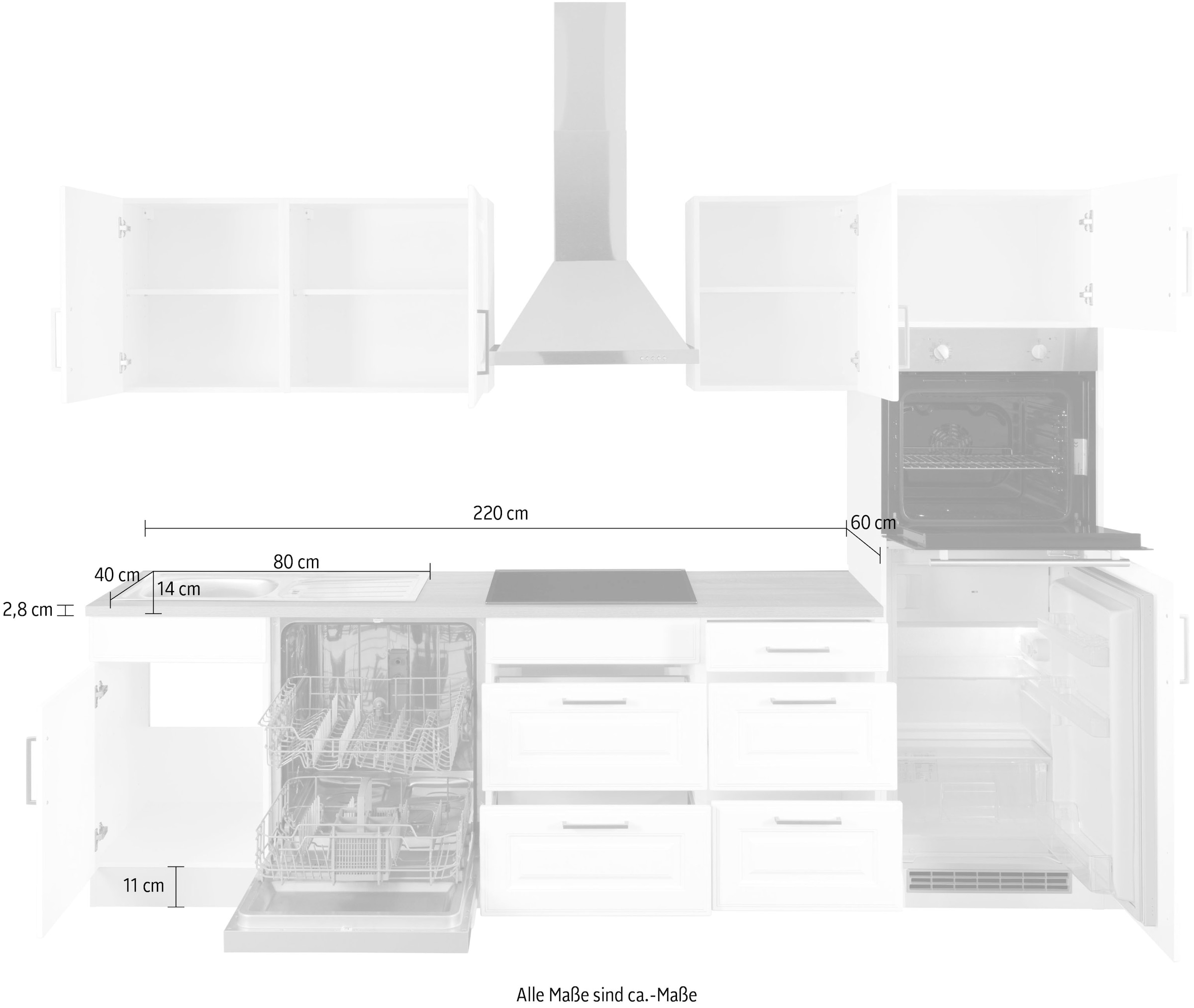 HELD MÖBEL Küchenzeile »Stockholm«, Breite 280 cm, mit hochwertigen MDF Fronten im Landhaus-Stil