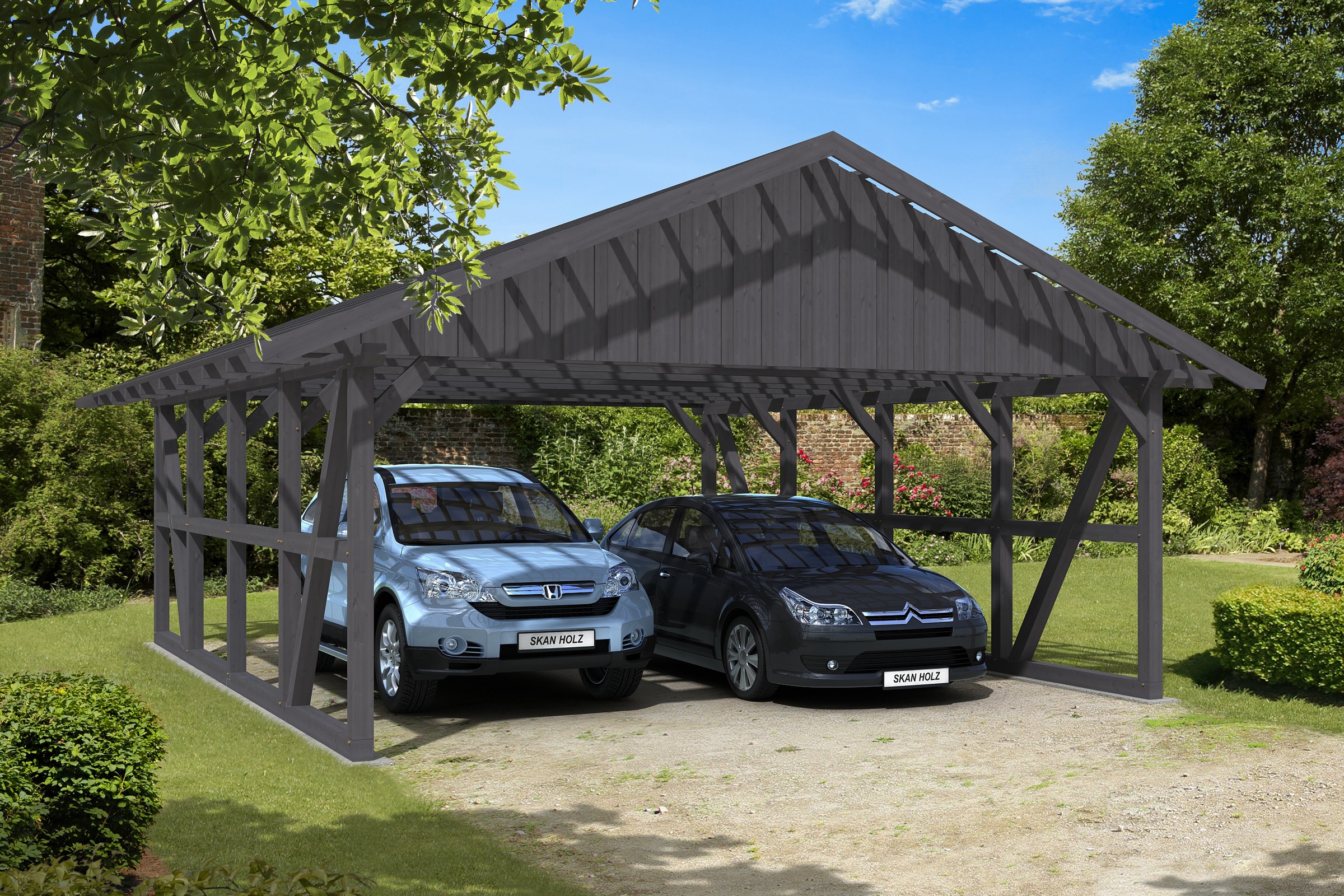 Skanholz Doppelcarport »Schwarzwald«, 560 cm, Schiefergrau, mit Dachlattung