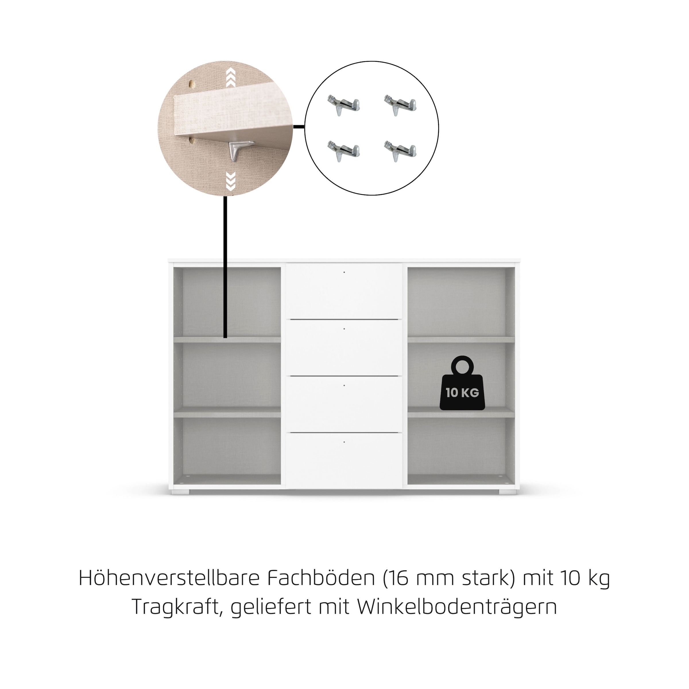 rauch Kombikommode »Sideboard Schubladenkommode AGORDO mit Dekor- oder Hochglanzfront«, (in zwei Griff-Farben, Breite 120 cm inkl. Soft-Close-Funktion), vier große Schubladen, mit insgesamt 4 Einlegeböden MADE IN GERMANY