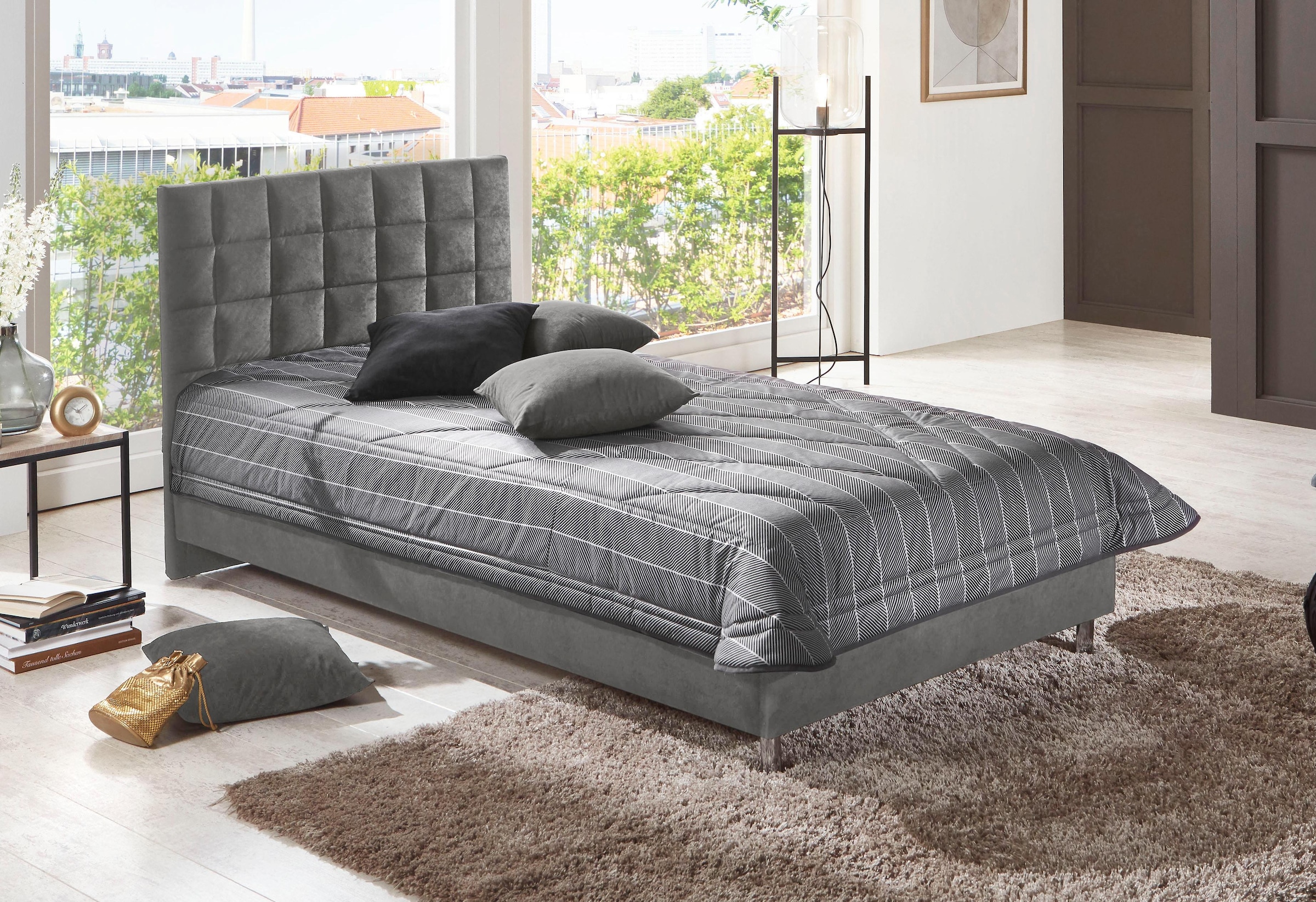 Polsterbett, grau (anthrazit), B:130cm L:210cm, Bezug Bett: Microfaser (100% Polyester);Bonnell-Federkernmatratze: 51% Polypropylen, 39% Polyester und 10% Baumwolle;Kaltschaummatratze: 100% Polyester, Bezug abnehm- und waschbar bis 60C, WESTFALIA SCHLAFKO